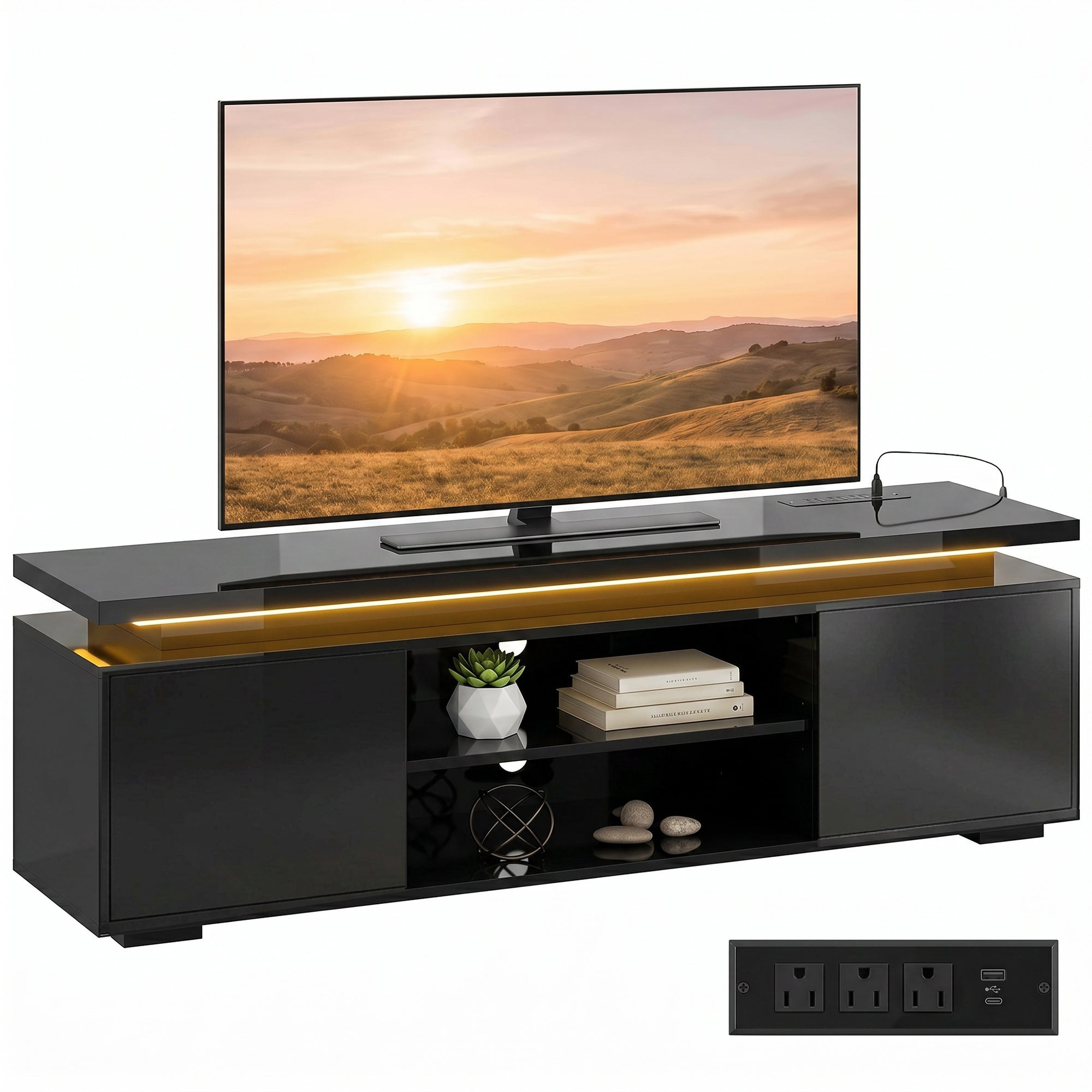 TV Stand for TVs up to 60 Inch, Modern Entertainment Center with LED Lights and Power Outlets, Media Console Table with 2 Cabinets & Adjustable Open Shelf, High Gloss Black