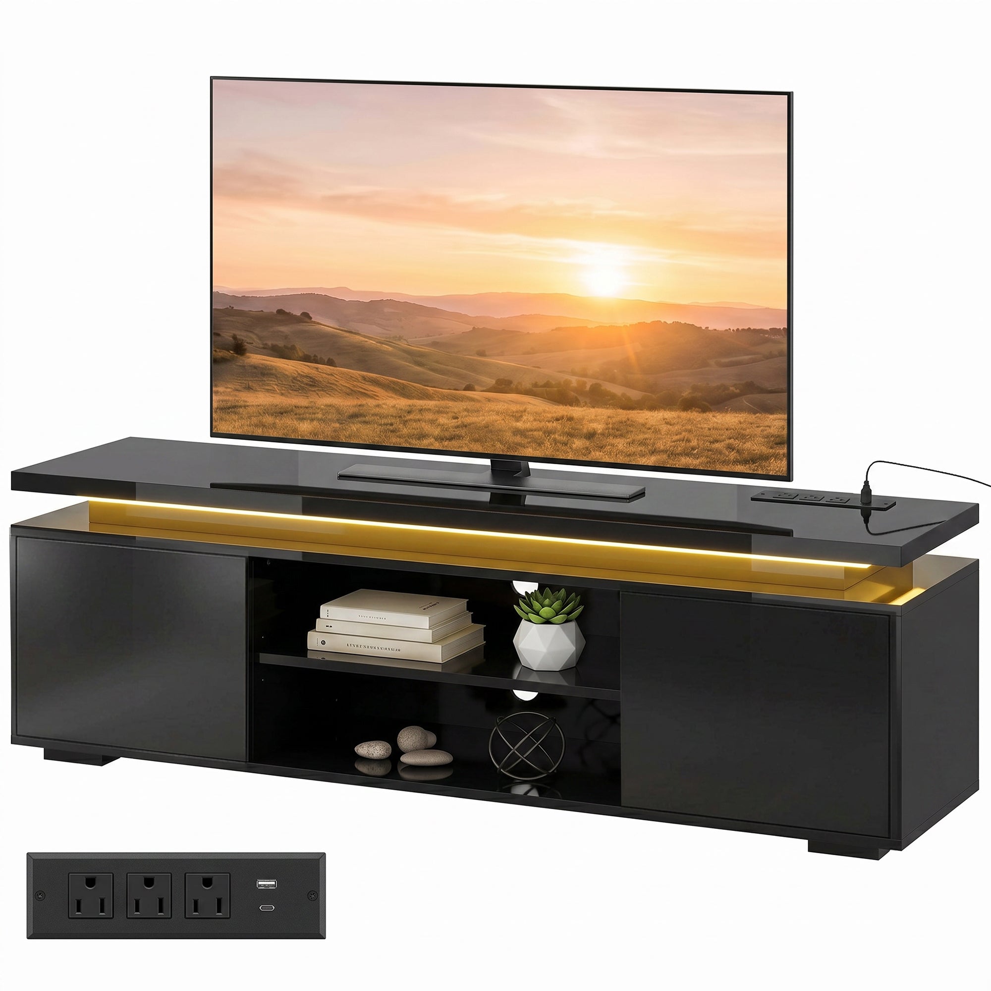 TV Stand for TVs up to 60 Inch, Modern Entertainment Center with LED Lights and Power Outlets, Media Console Table with 2 Cabinets & Adjustable Open Shelf, High Gloss Black