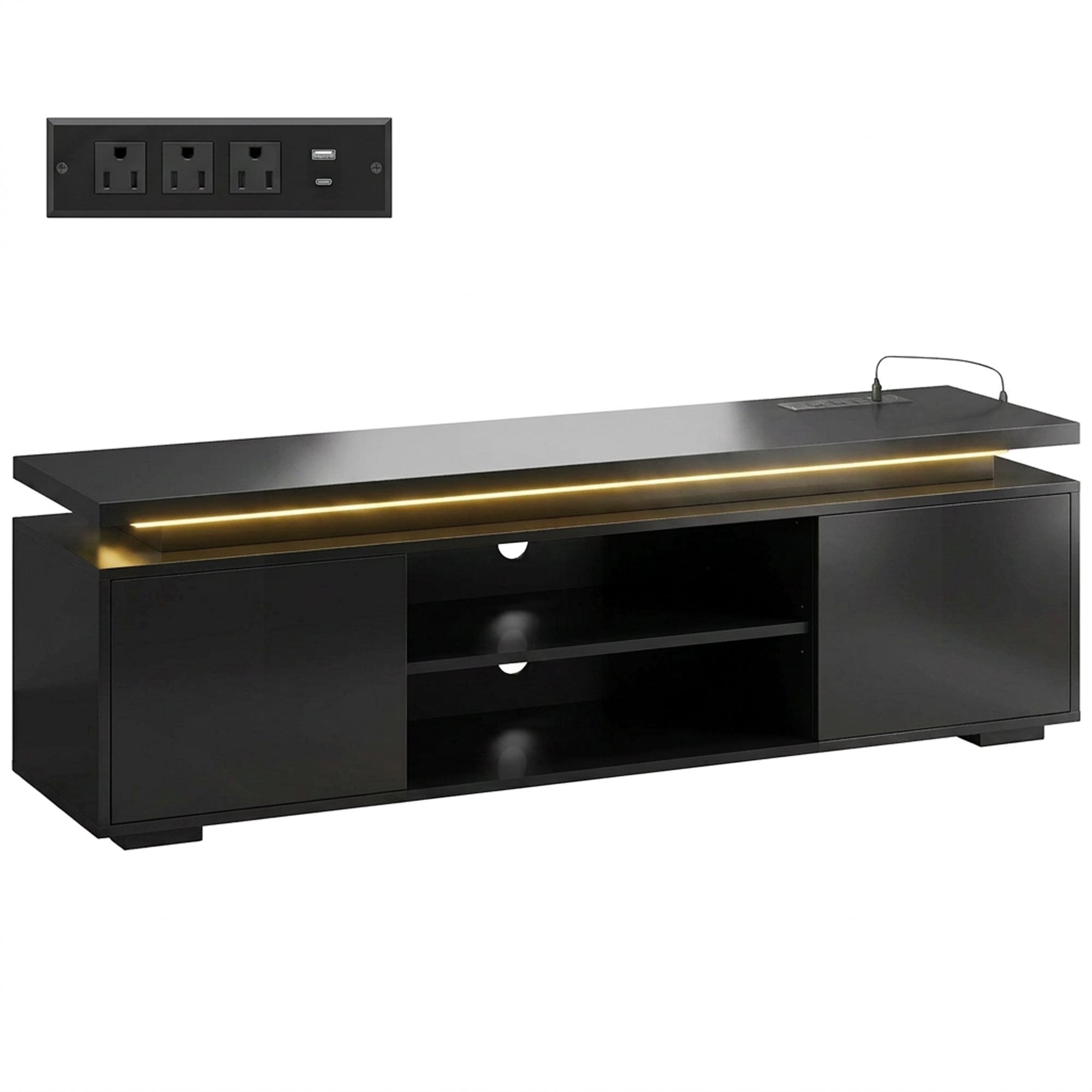 TV Stand for TVs up to 60 Inch, Modern Entertainment Center with LED Lights and Power Outlets, Media Console Table with 2 Cabinets & Adjustable Open Shelf, High Gloss Black