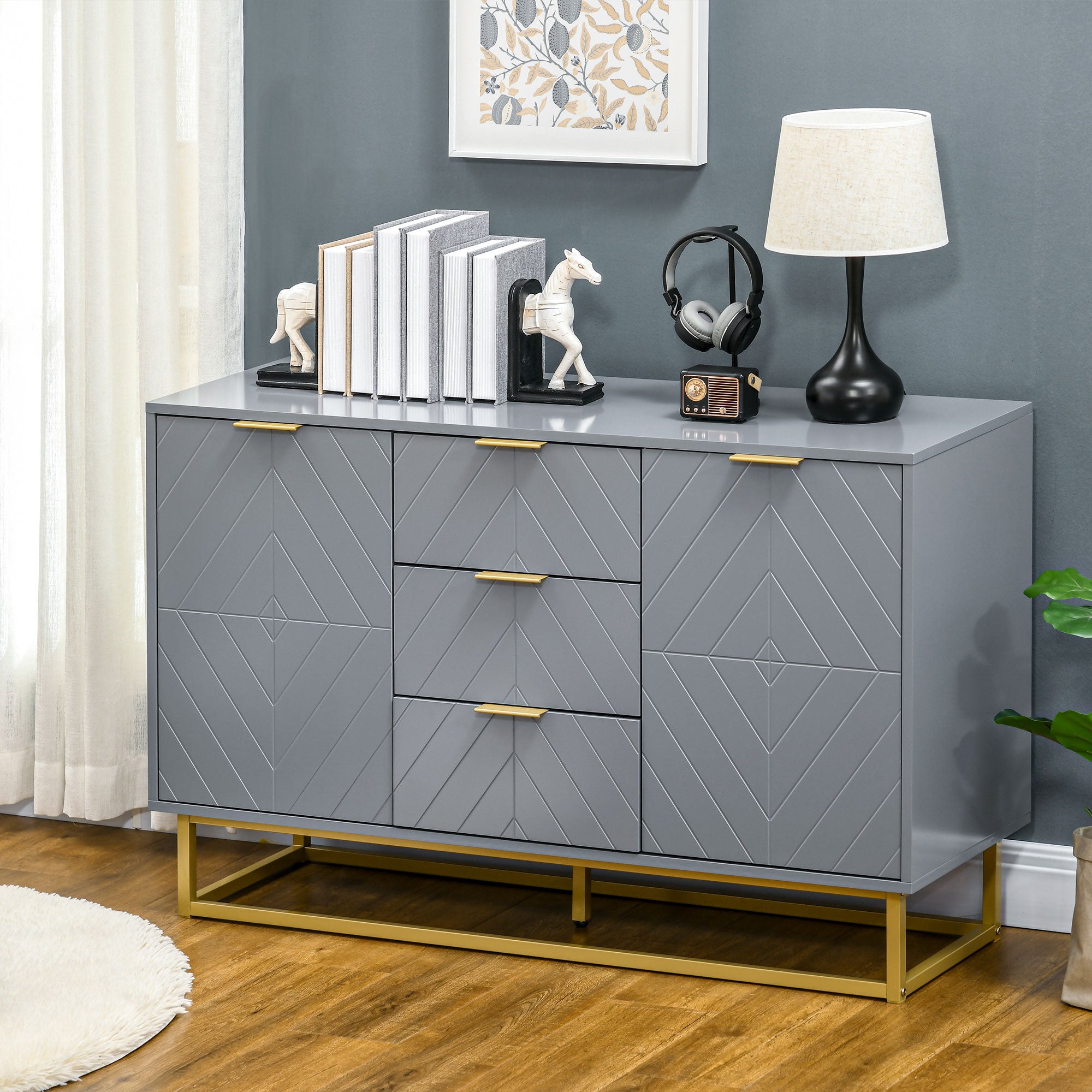 HOMCOM 3-Drawer Sideboard, Contemporary Buffet Cabinet with 2 Door Cabinet and Adjustable Shelves, Kitchen Storage Cabinet, Steel Elevated Base Credenza, Grey