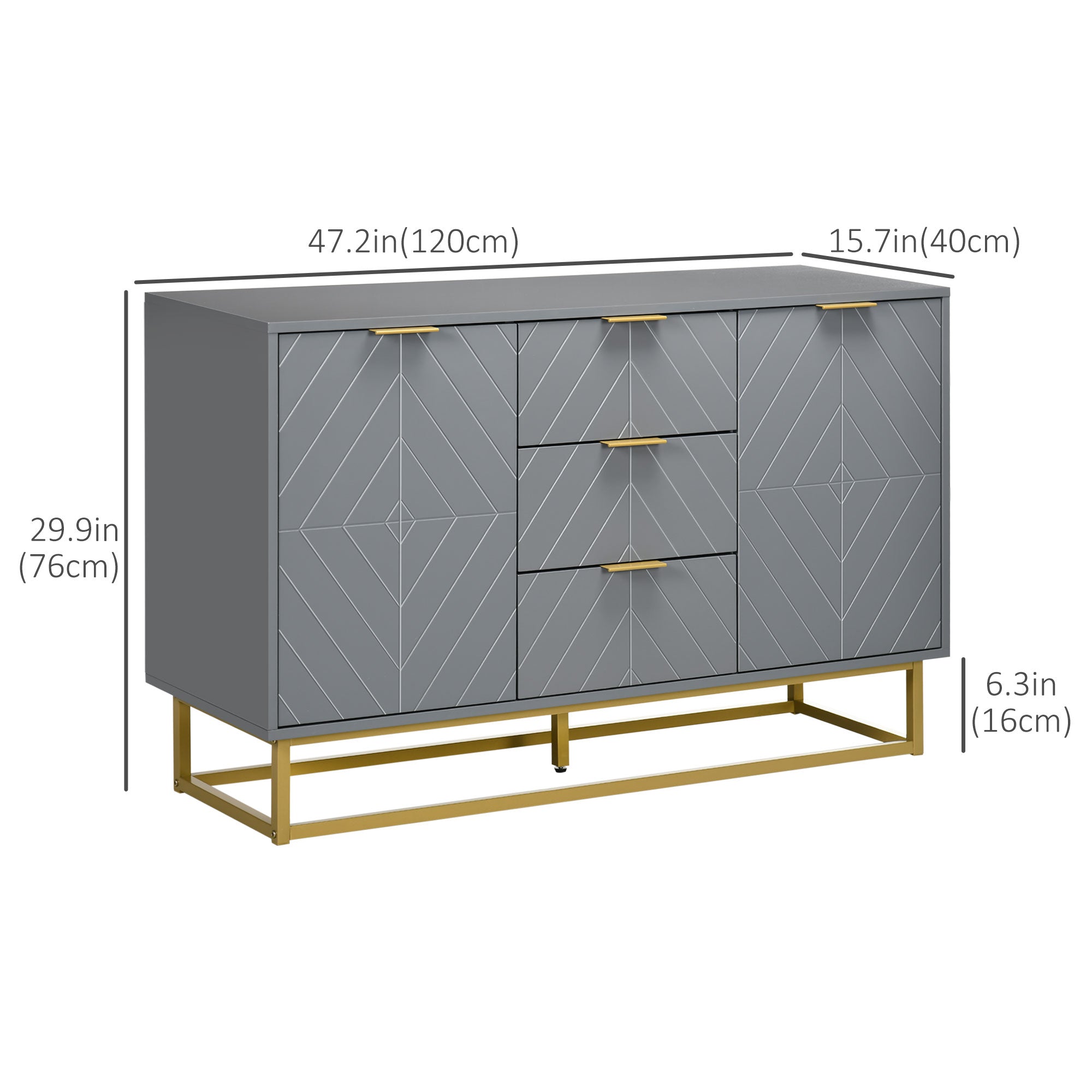 HOMCOM 3-Drawer Sideboard, Contemporary Buffet Cabinet with 2 Door Cabinet and Adjustable Shelves, Kitchen Storage Cabinet, Steel Elevated Base Credenza, Grey