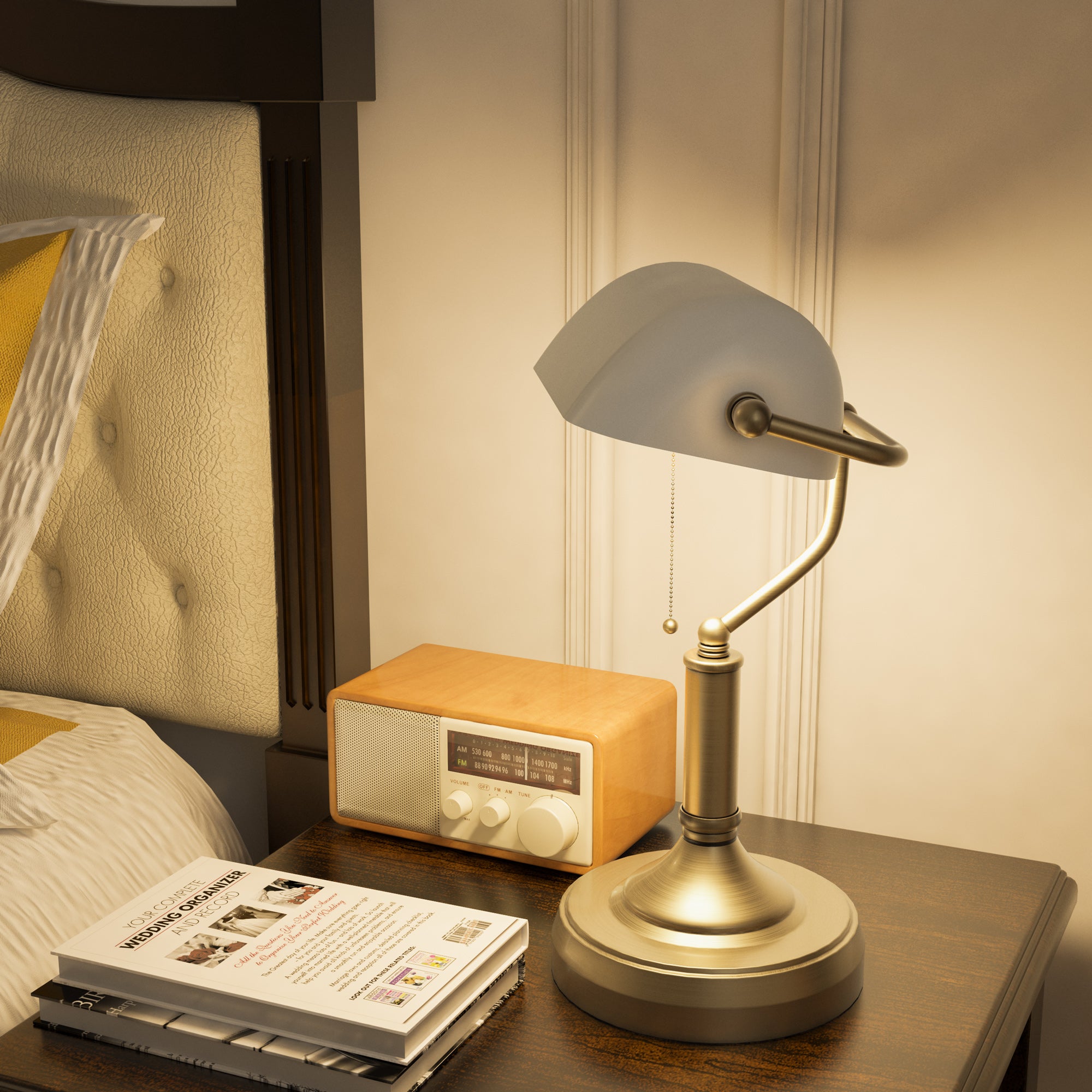 HOMCOM Banker's Table Lamp Desk Lamp with Antique Bronze Tone Base, White Glass Shade and Pull Rope Switch for Home Office, Living Room, Bedroom, Dining Room, White