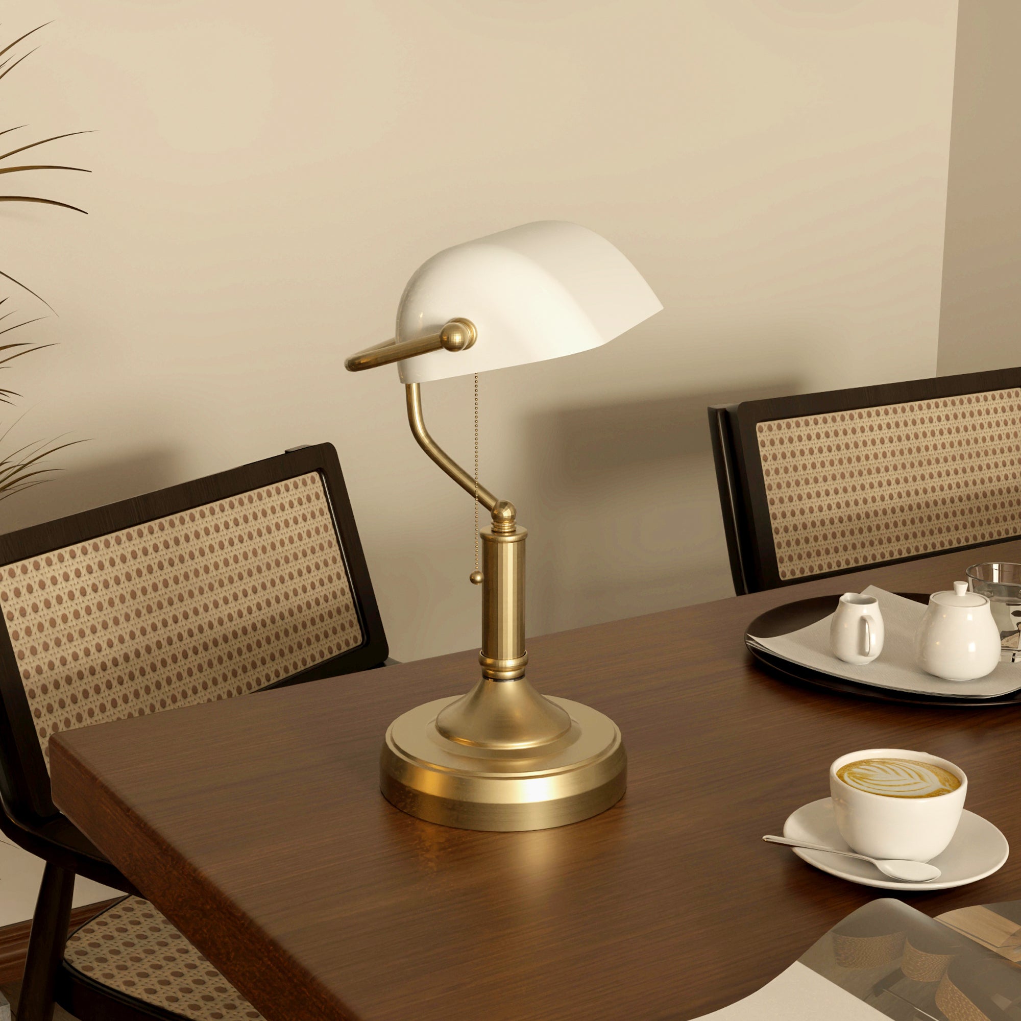 HOMCOM Banker's Table Lamp Desk Lamp with Antique Bronze Tone Base, White Glass Shade and Pull Rope Switch for Home Office, Living Room, Bedroom, Dining Room, White