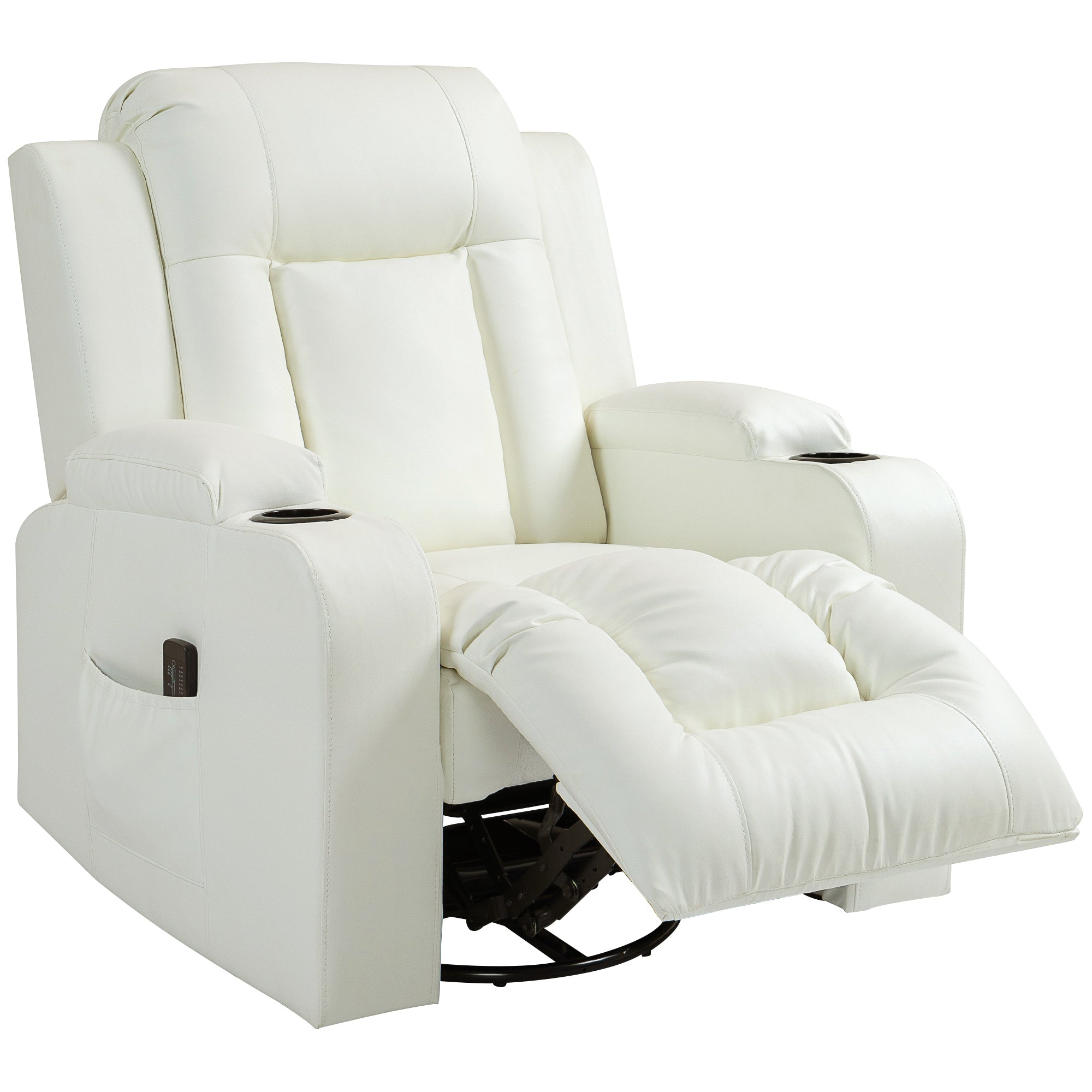 HOMCOM Massage Recliner Chair for Living Room with 8 Vibration, Overstuffed PU Leather Manual Reclining Chair with Wide Seat, Cup Holders, 360° Swivel, Rocking, Cream White