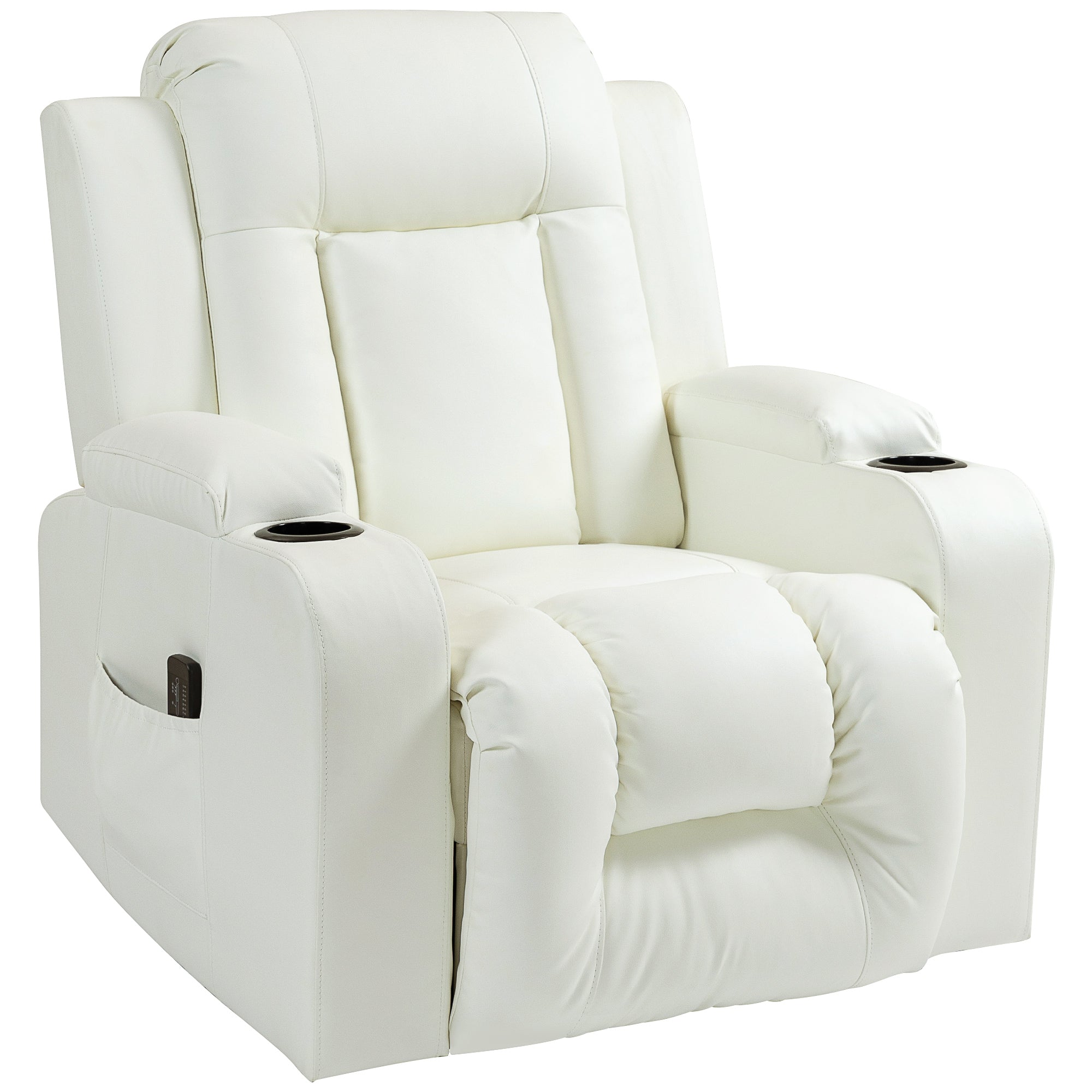 HOMCOM Massage Recliner Chair for Living Room with 8 Vibration, Overstuffed PU Leather Manual Reclining Chair with Wide Seat, Cup Holders, 360° Swivel, Rocking, Cream White