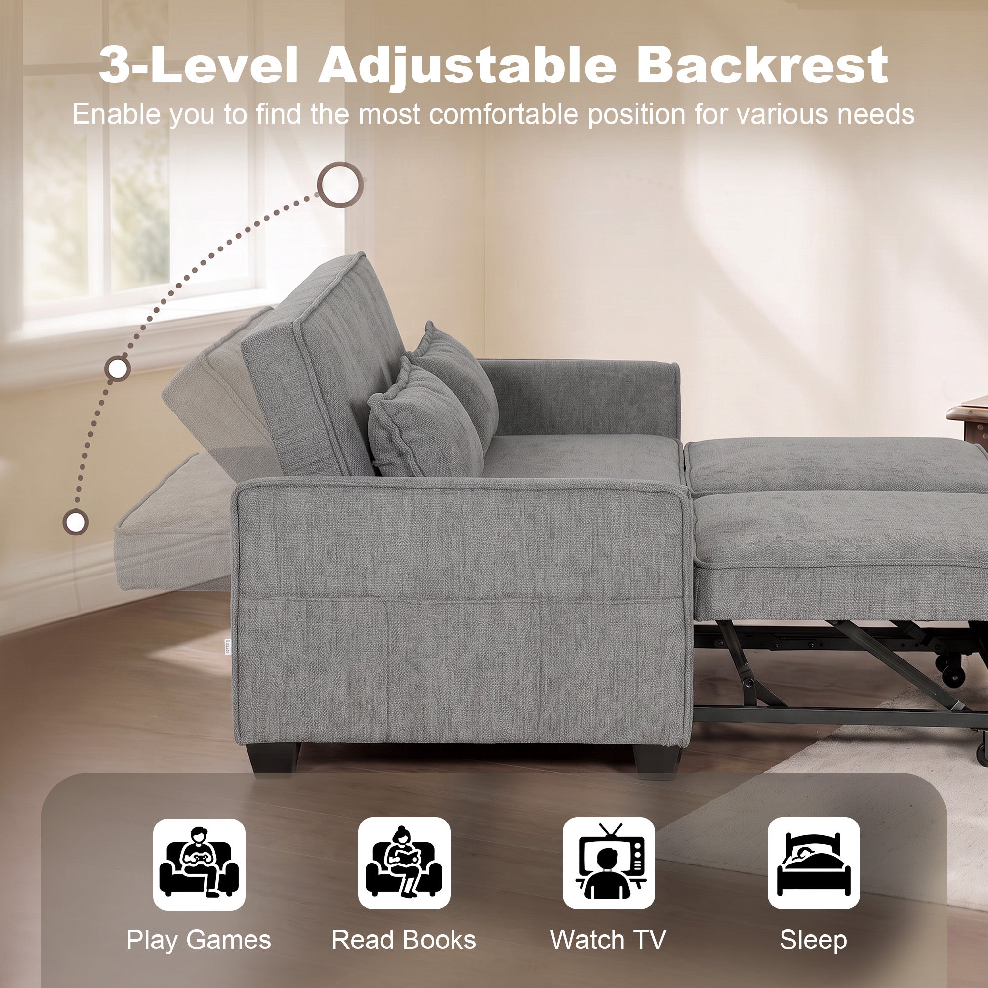 2 Seater Sofa Bed, 4-in-1 L Shaped Convertible Pull Out Sleeper Sofa with Adjustable Backrest, Chenille Loveseat with 2 Pillows, Wide Deep Seat, Side Pockets for Living Room, Grey