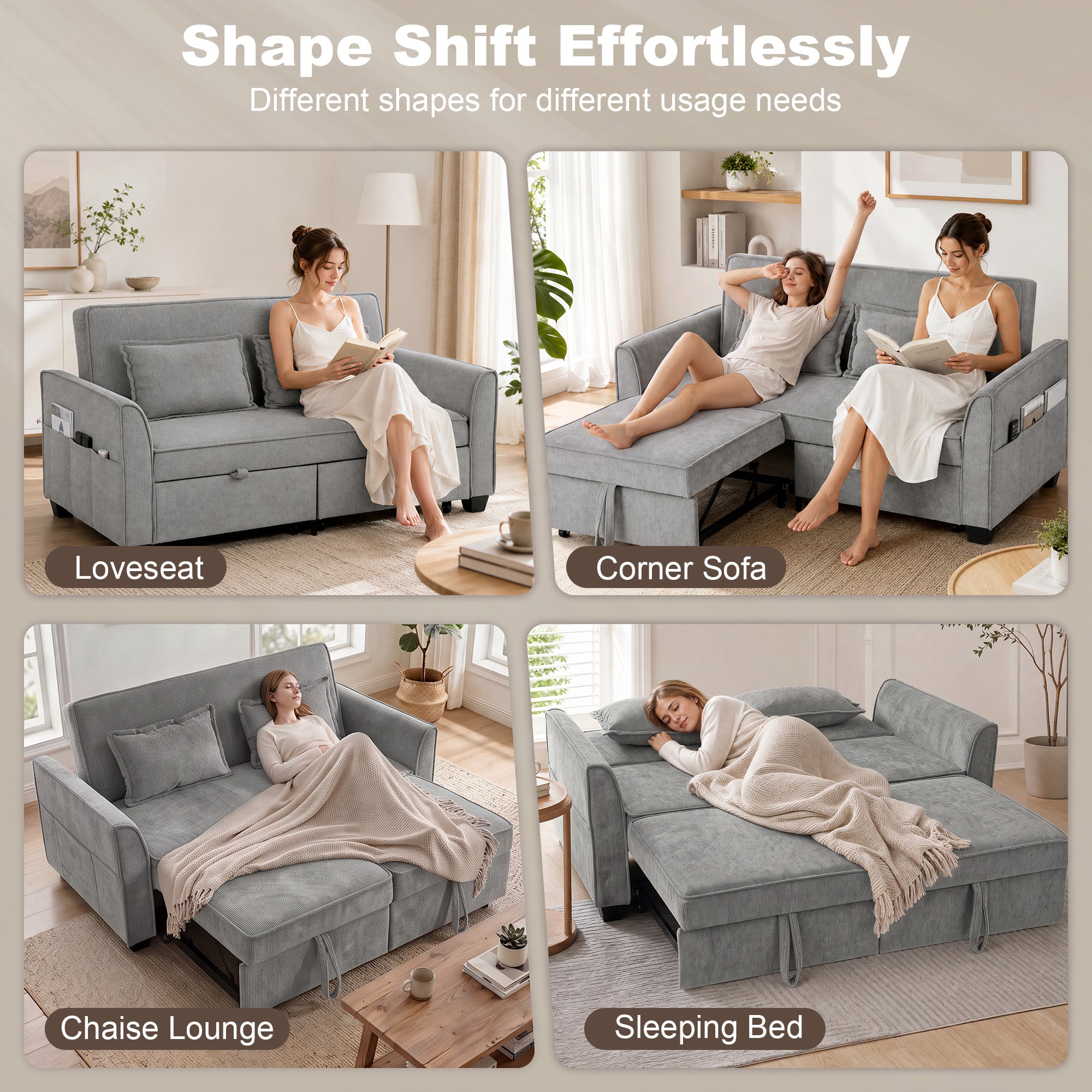 2 Seater Sofa Bed, 4-in-1 L Shaped Convertible Pull Out Sleeper Sofa with Adjustable Backrest, Chenille Loveseat with 2 Pillows, Wide Deep Seat, Side Pockets for Living Room, Grey