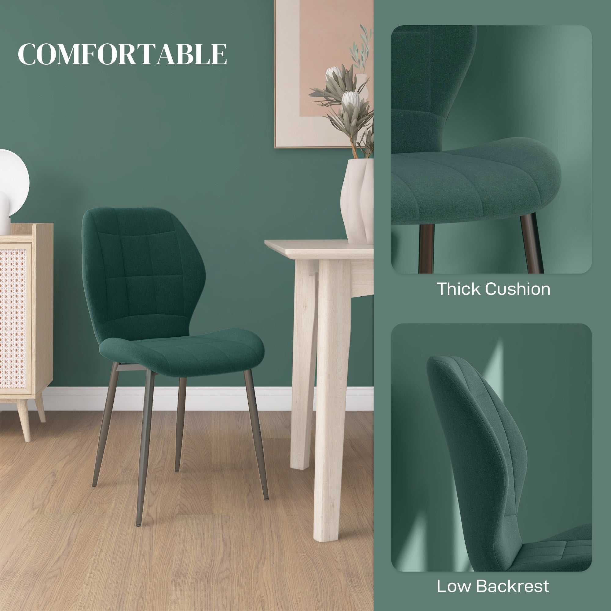 Dining Chairs Set of 4, Modern Style Flannel Upholstered Kitchen Chairs with Backs and Steel Legs, for Living Room, Dining Room, Bedroom, Dark Green