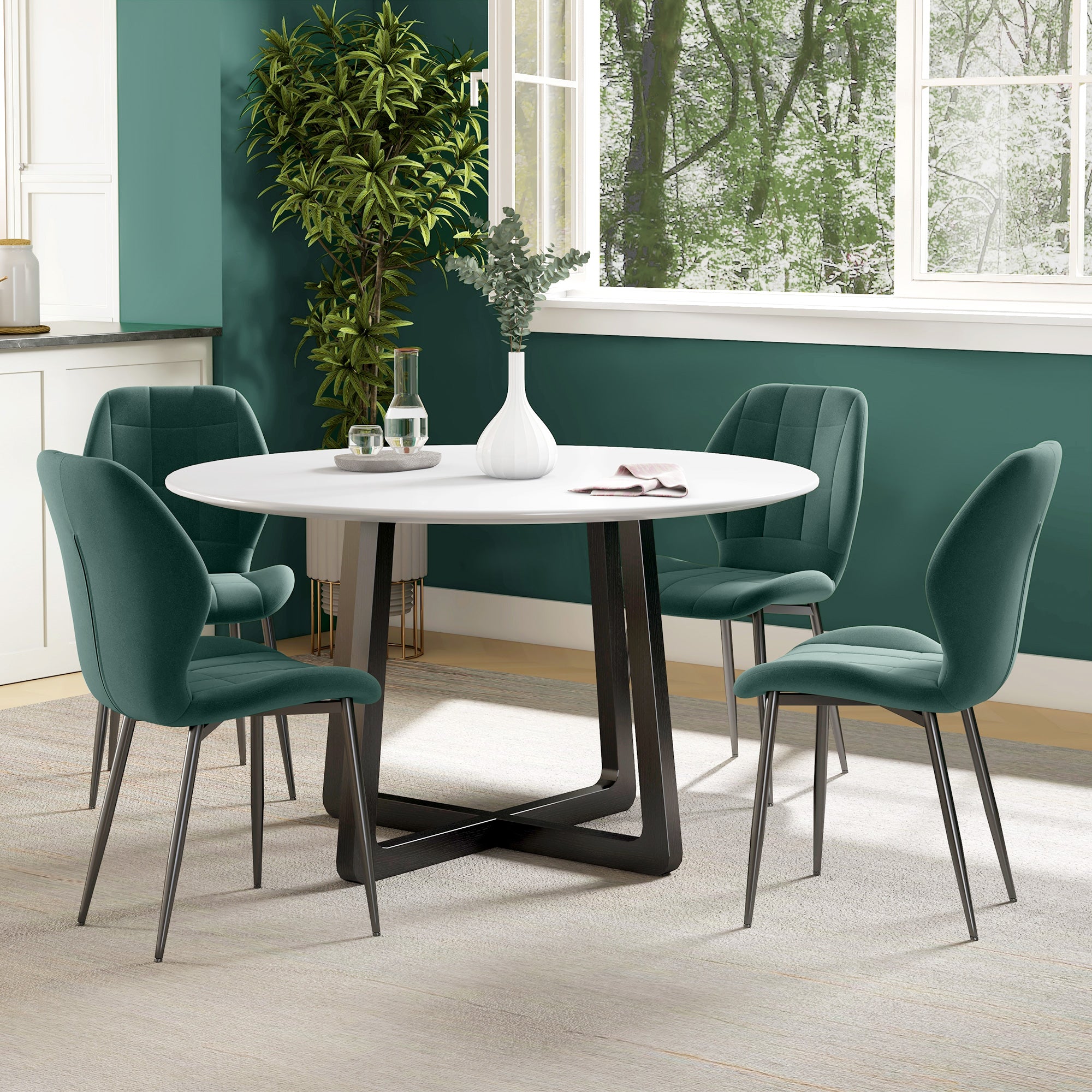 Dining Chairs Set of 4, Modern Style Flannel Upholstered Kitchen Chairs with Backs and Steel Legs, for Living Room, Dining Room, Bedroom, Dark Green