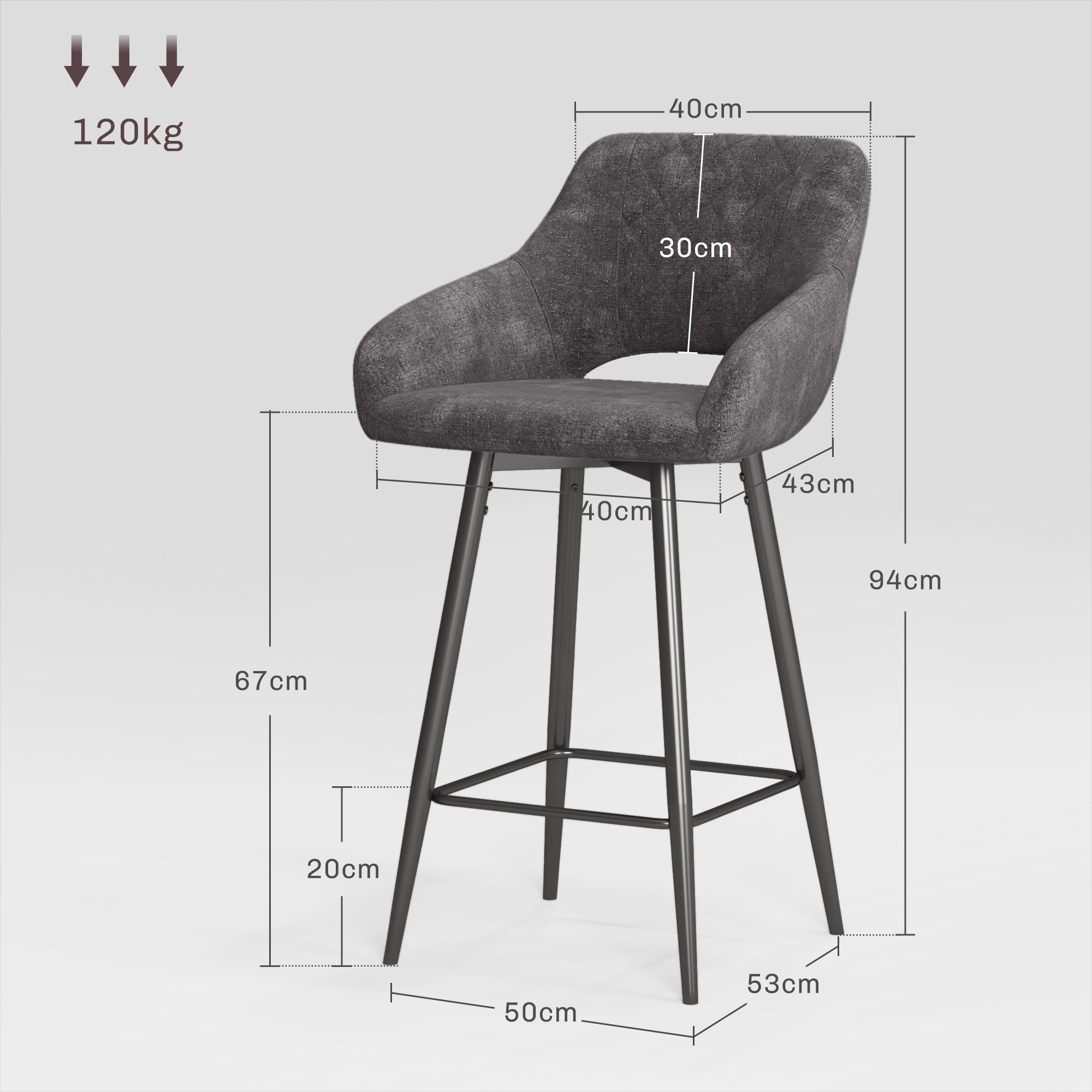HOMCOM Bar Stools Set of 2, Velvet-Touch Fabric Counter Height Bar Chairs, Kitchen Stools with Steel Legs for Dining Area, Kitchen Island Barstools, Dark Grey