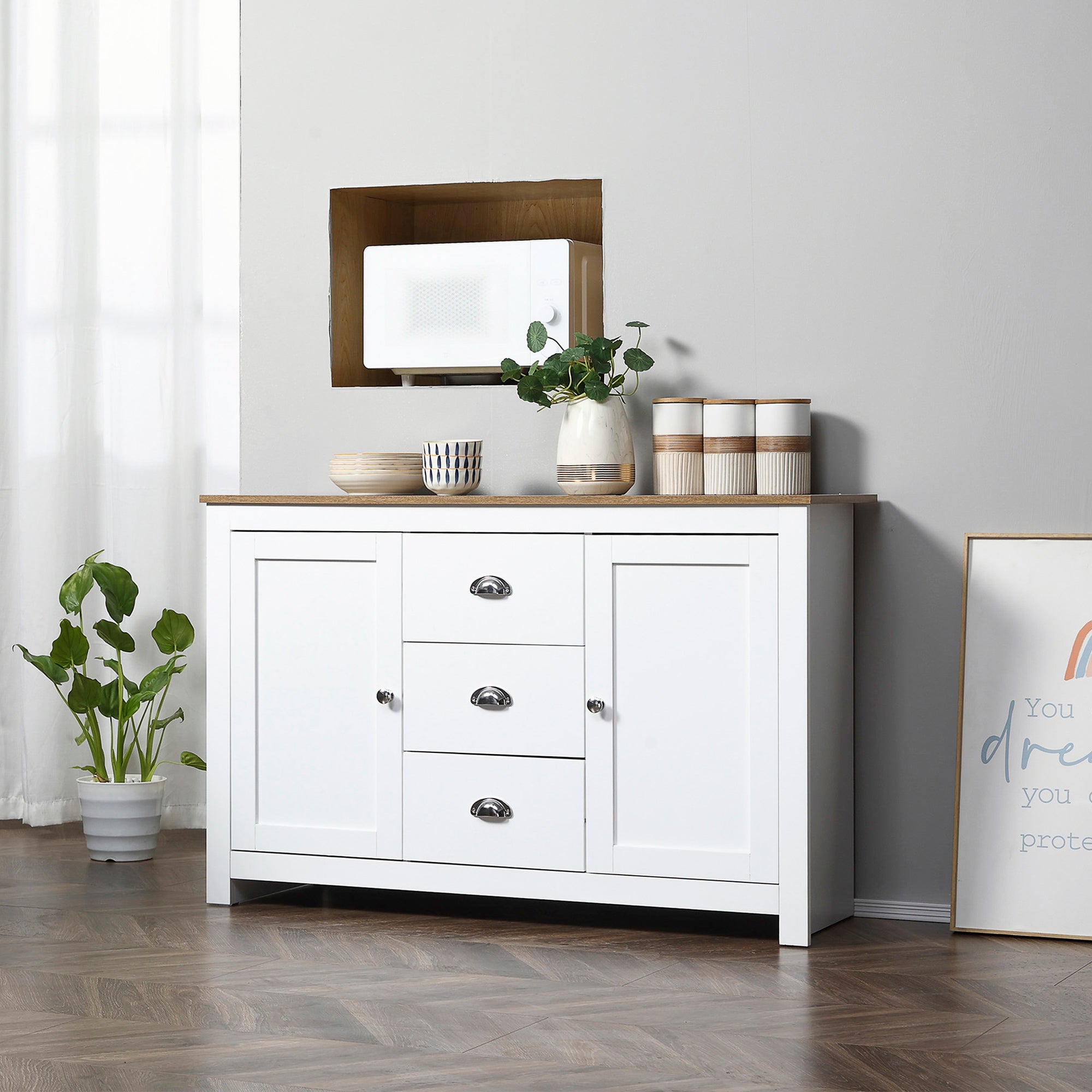 HOMCOM Kitchen Sideboard, Buffet Cabinet with 3 Drawers and Adjustable Shelves, Coffee Bar Cabinet with Storage, White