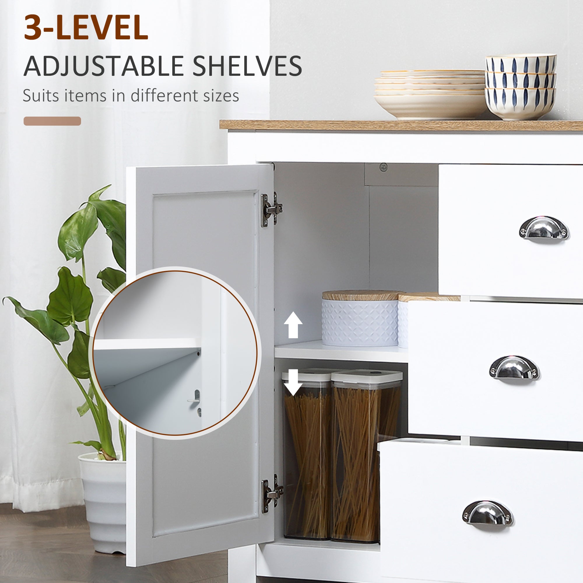 HOMCOM Kitchen Sideboard, Buffet Cabinet with 3 Drawers and Adjustable Shelves, Coffee Bar Cabinet with Storage, White