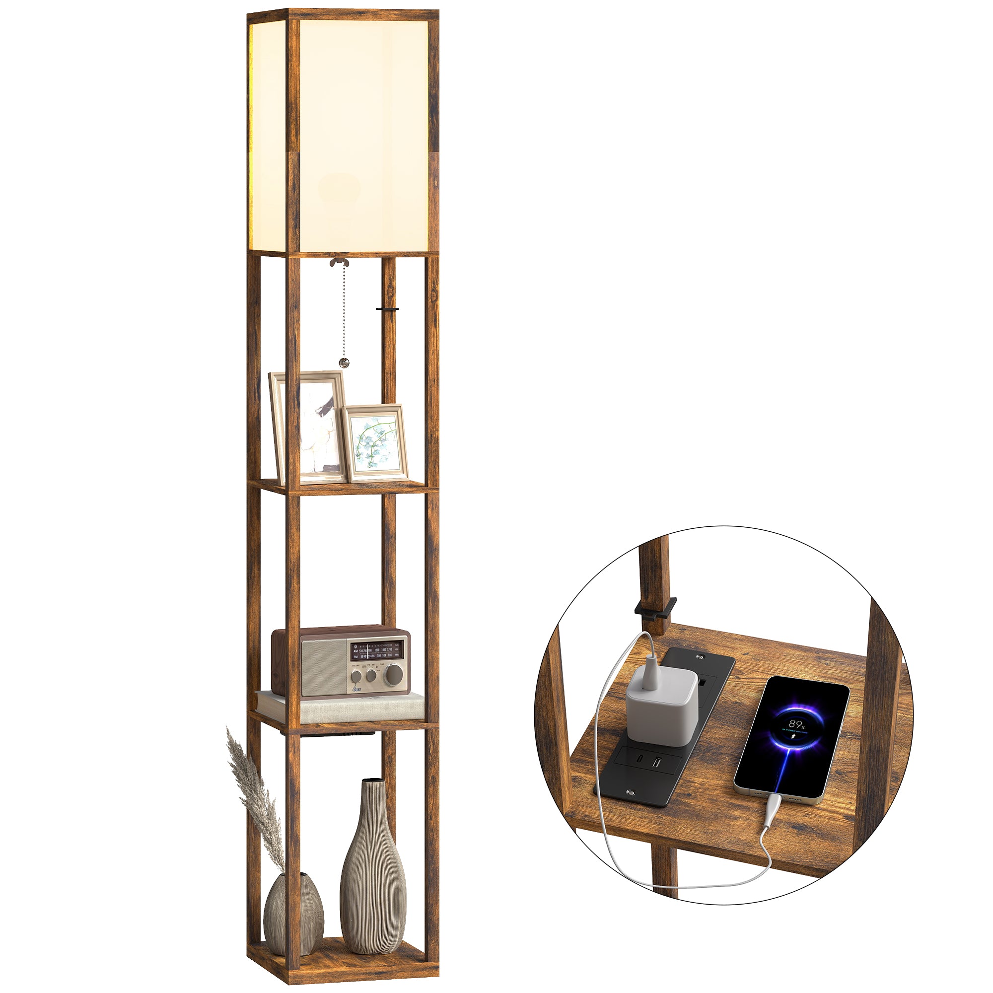 Floor Lamp with Shelves, 4 Layer Column Modern Standing Lamp with USB-A/C Ports and 3 Adjustable Colour Temperature for Living Room, Bedroom, Office, Rustic Brown