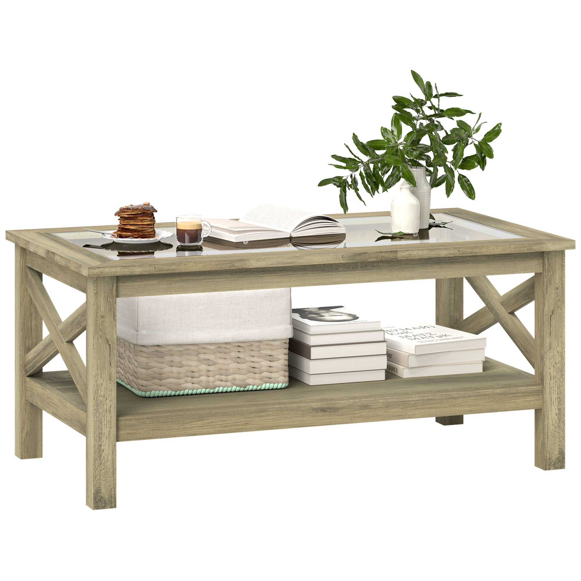 Coffee Table with Tempered Glass Tabletop, Living Room Table with Wood Frame and Underneath Storage Shelf, Gray