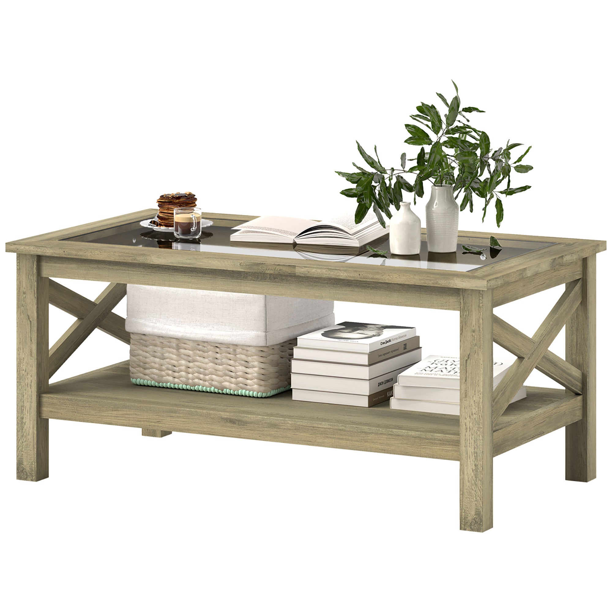 Coffee Table with Tempered Glass Tabletop, Living Room Table with Wood Frame and Underneath Storage Shelf, Gray