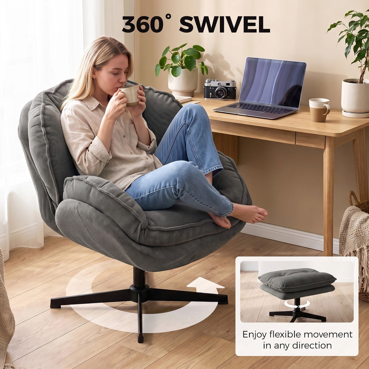 Armchair with Adjustable Footstool, 360° Swivel Chenille Cloud Accent Chair with Thick Cushion, Steel Base for Living Room, Bedroom, Grey