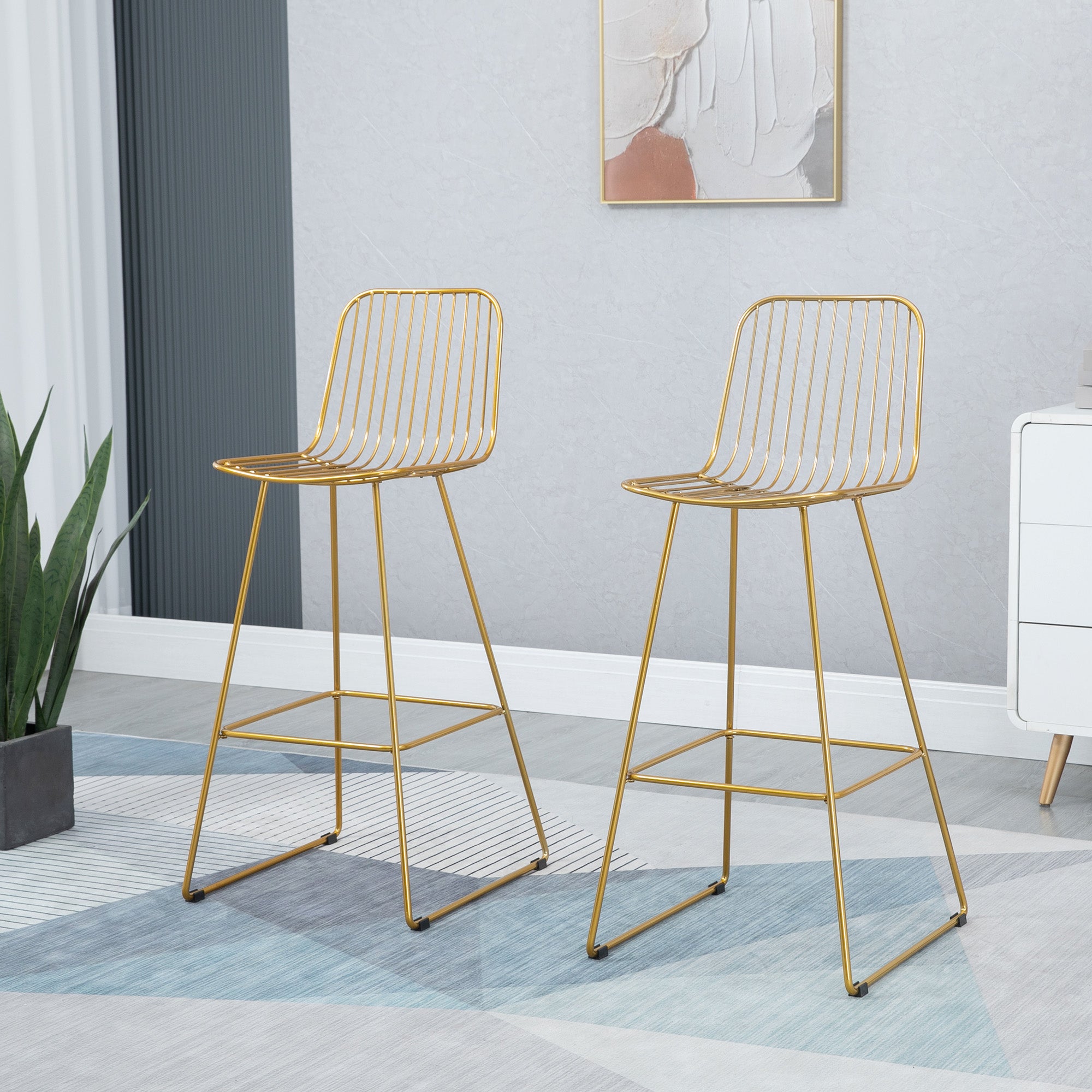 Modern Metal Wire Bar Stools 30" Seat Height Bar Chairs with Back and Footrest Set of 2 Gold