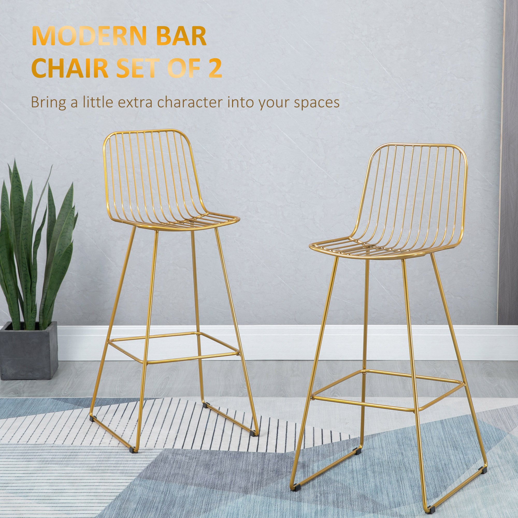 Modern Metal Wire Bar Stools 30" Seat Height Bar Chairs with Back and Footrest Set of 2 Gold