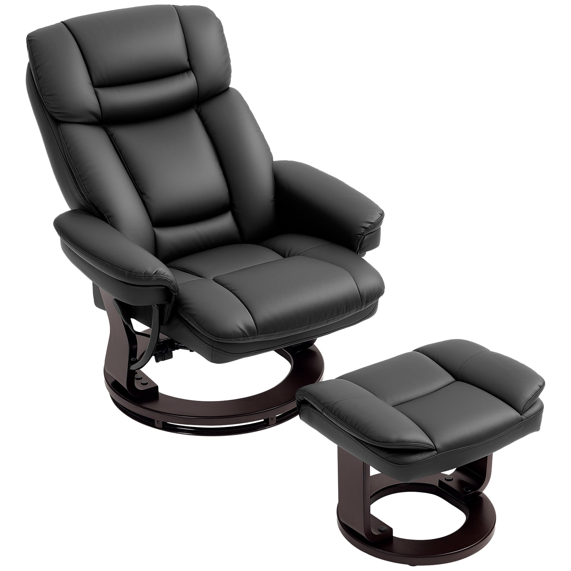 Swivel Recliner Chair with Ottoman, PU Leather Recliner with Adjustable Backrest, Footrest, Wood Base, Upholstered Reclining Chair for Living Room, Bedroom, Office, Black