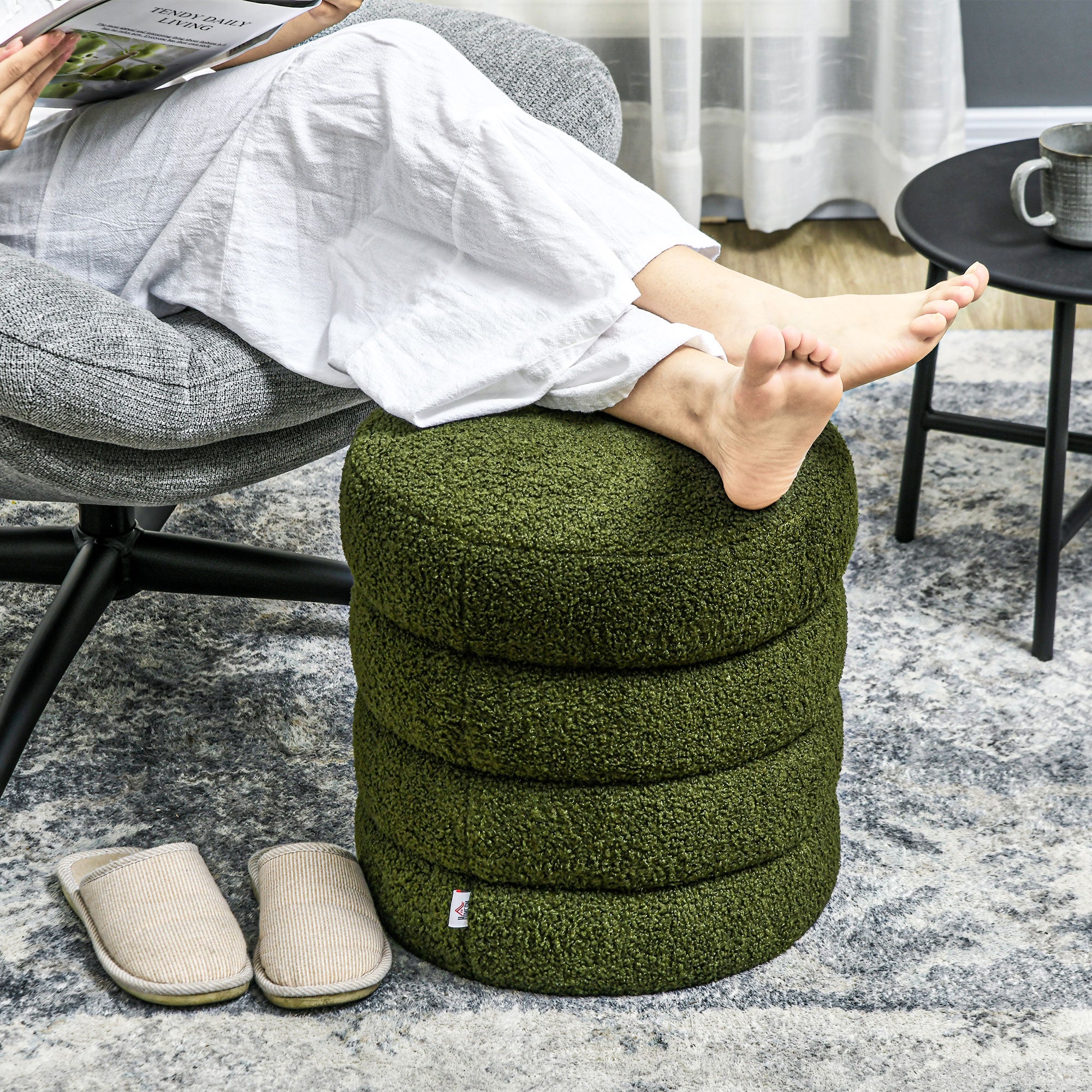 Round Ottoman, Upholstered Foot Stool with Steel Frame, Teddy Fleece Fabric for Living Room, Entryway, Green