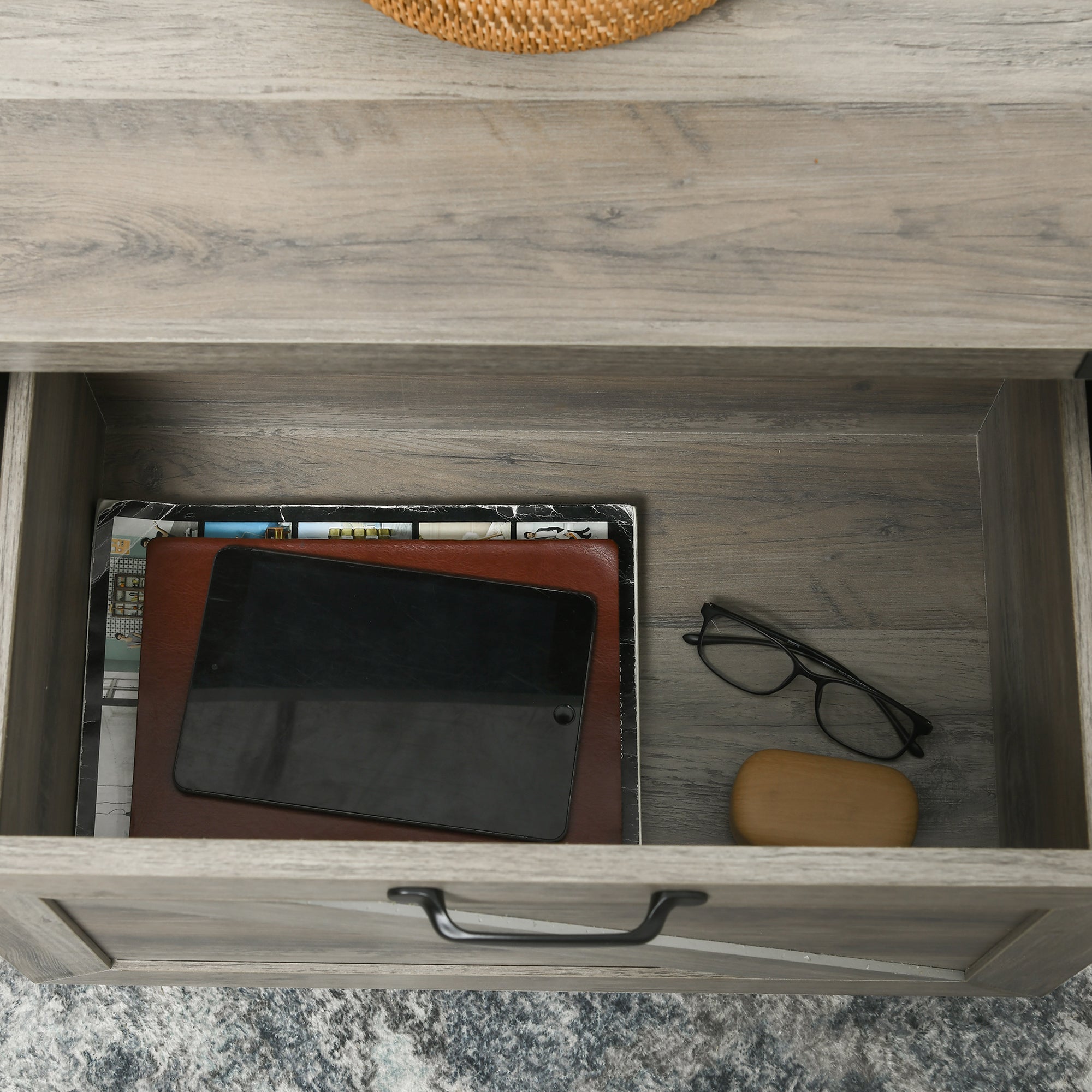 Farmhouse Coffee Table with Storage and Drawer Rustic Living Room Table Open Shelf Gray Oak