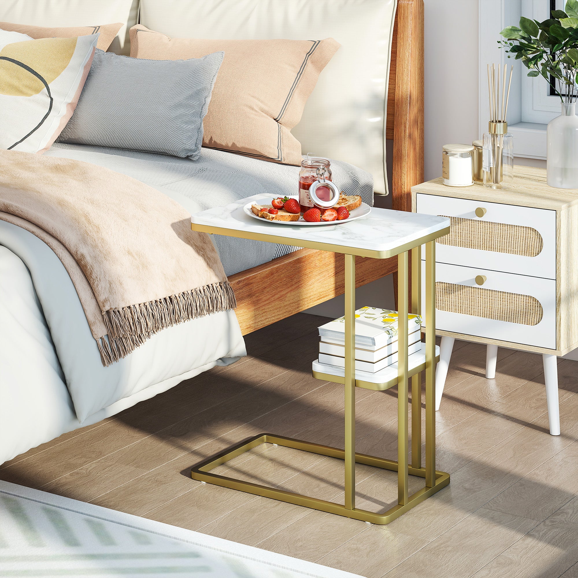 C-Shaped Narrow Side Table, 2-Tier Slim End Table with Storage Shelf, Modern Nightstand for Small Spaces, Living Room, Bedroom, 50 x 30 x 57.5 cm, White Marble Grain