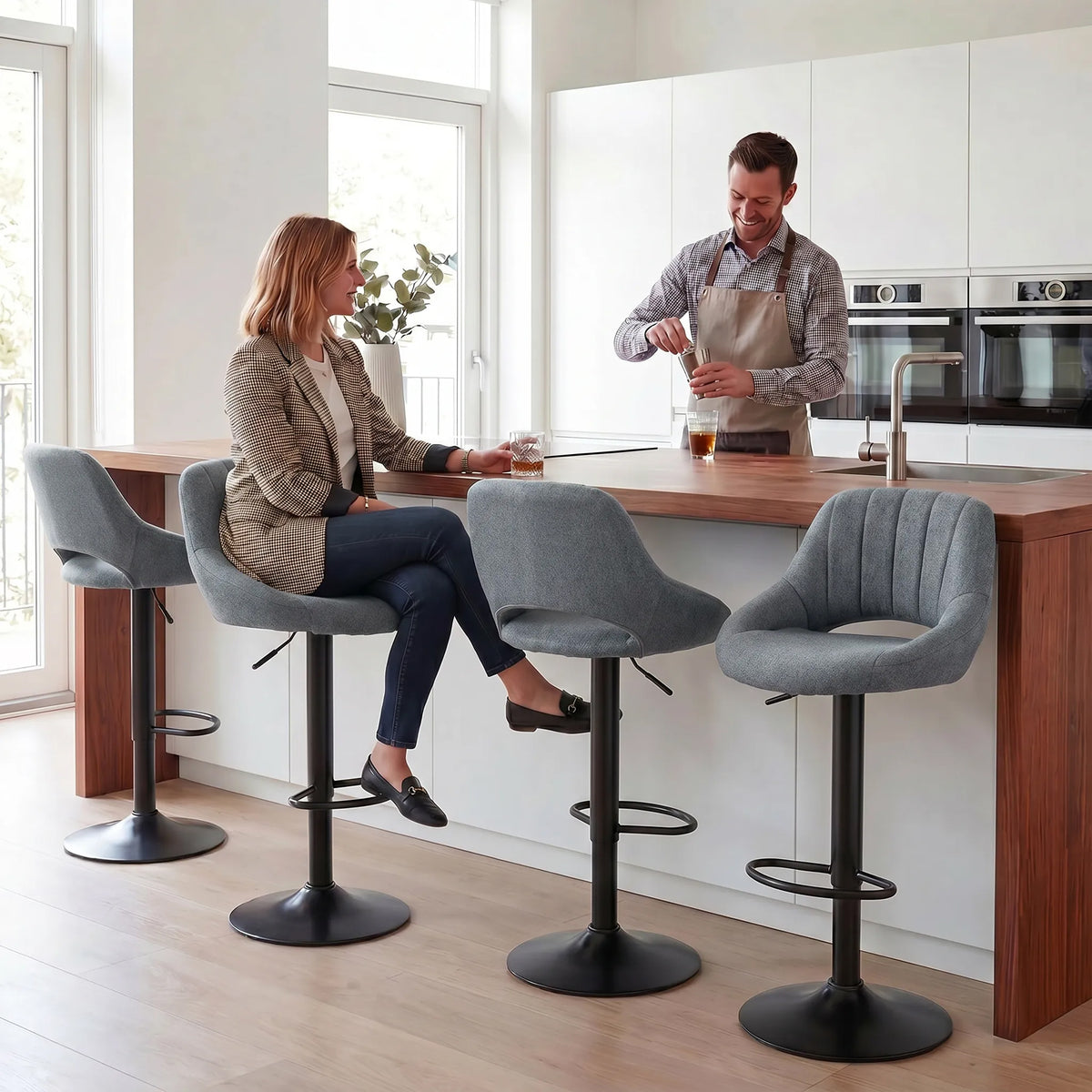 Bar Stools Set of 2, Swivel Counter Height Barstools with Adjustable Height and Cutout Back, Linen Upholstered Bar Chairs with Round Metal Base and Footrest, Dark Grey
