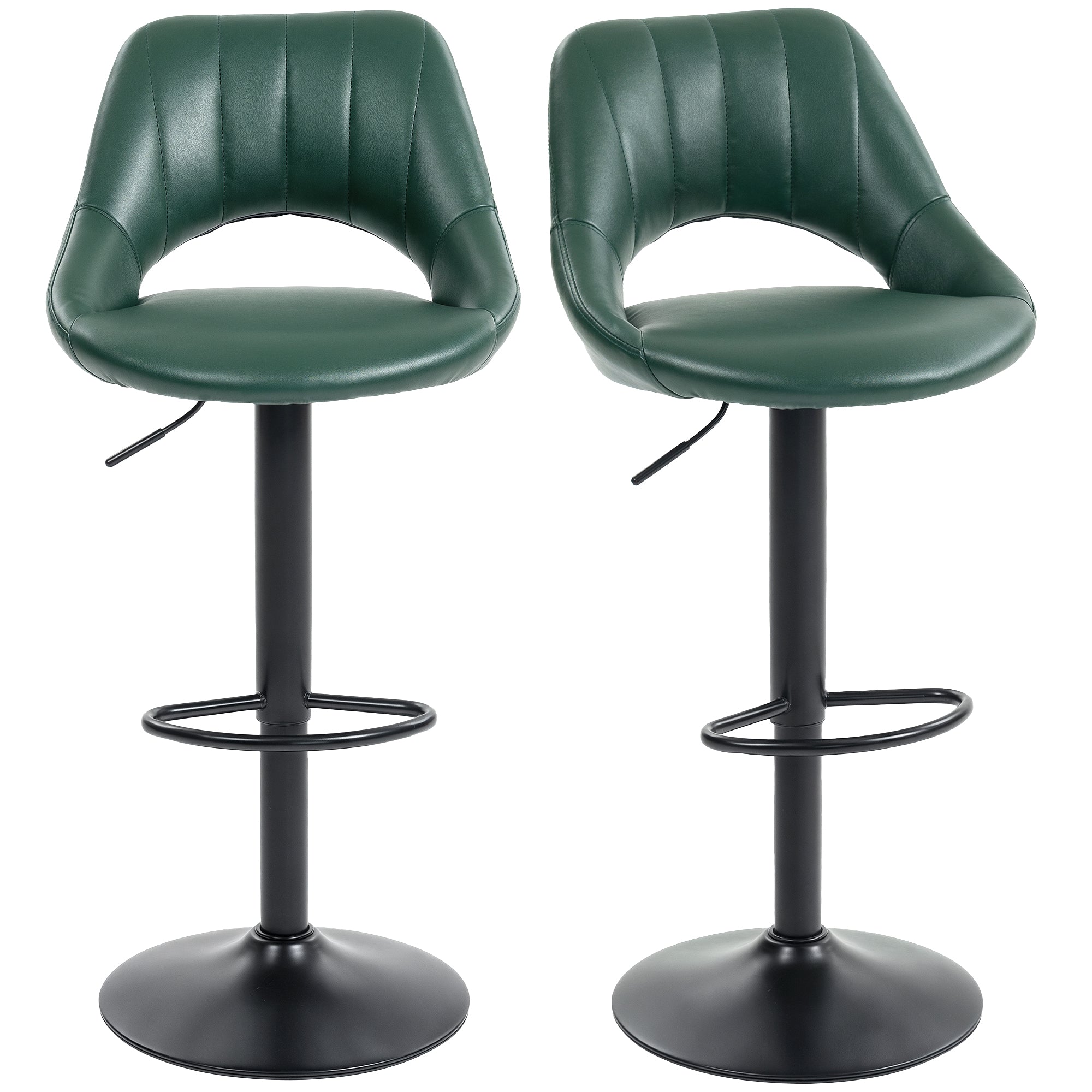 Bar Stools Set of 2, Swivel Barstools with Adjustable Height, Backrest and Footrest,  Modern PU Leather Upholstered Breakfast Bar Chairs for Kitchen Island, Counter, Dining Room, Dark Green