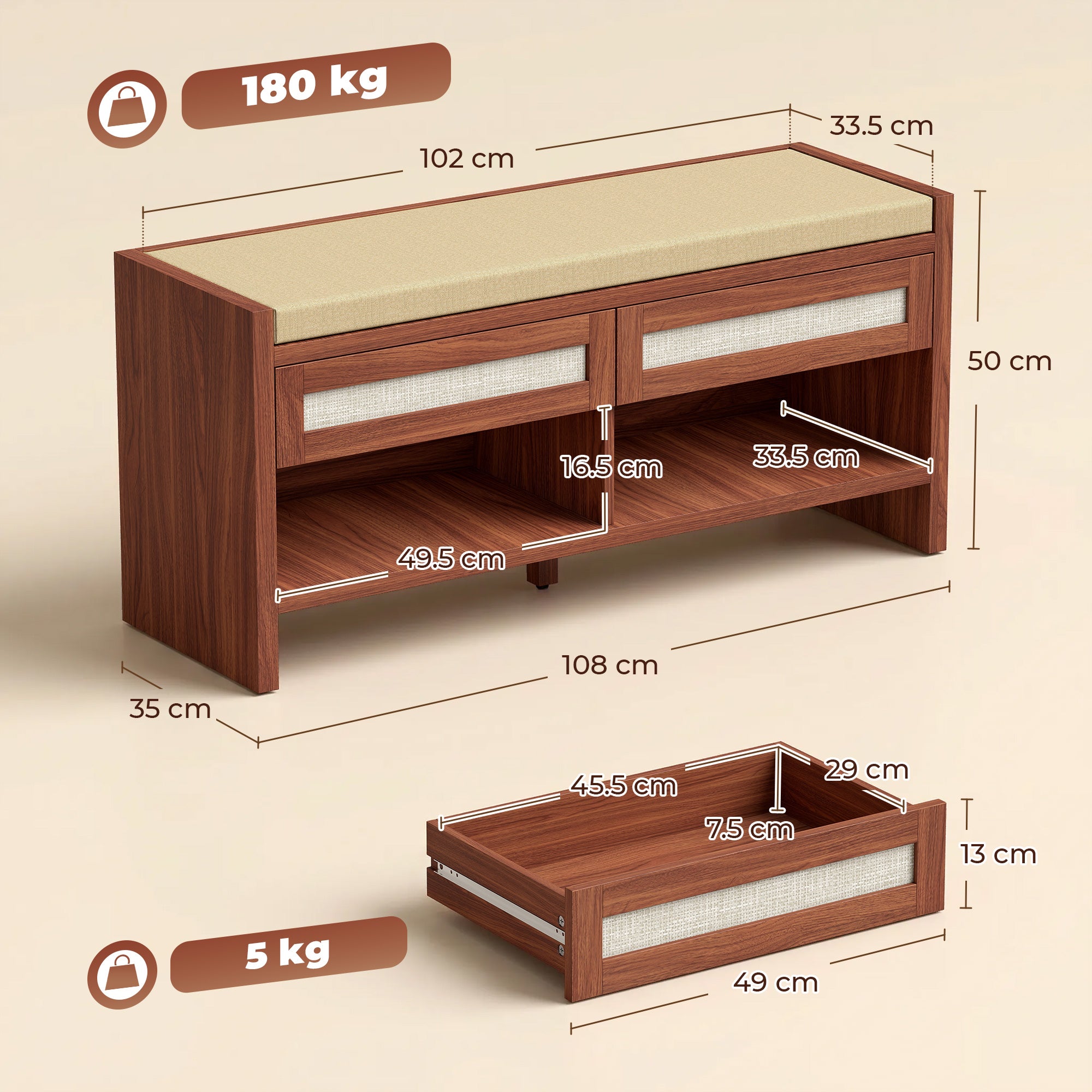 Shoe Bench with 2 Rattan Drawers, Boho Shoe Storage Bench with Linen-Look Cushioned Seat and Open Shelf, for Entryway, Living Room, Bedroom, 108 x 35 x 50 cm, Brown