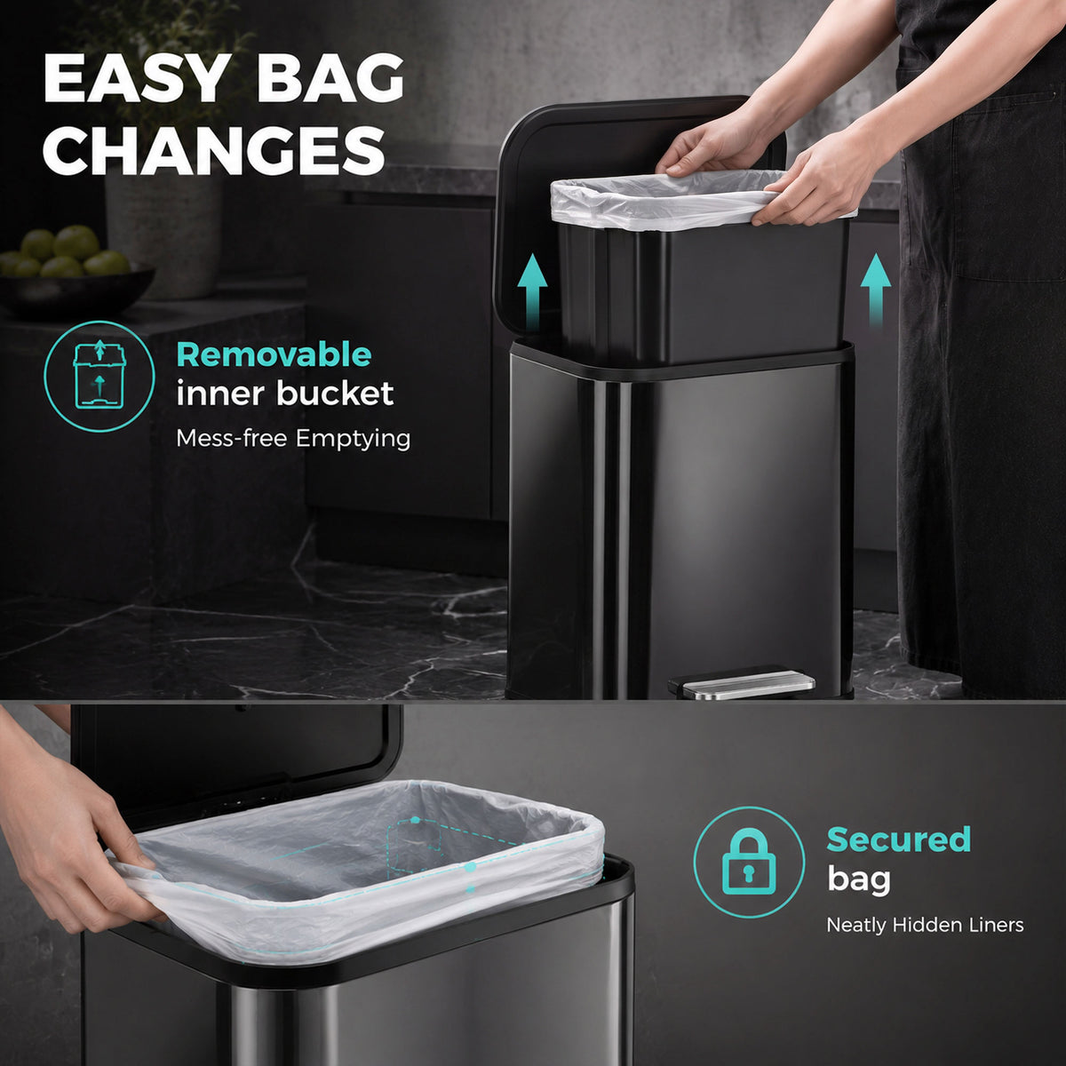 50L Kitchen Bin, Metal Rectangular Pedal Rubbish Bin with Soft Close and Stay-Open Lid, Removable Inner Bucket for Kitchen, Home, Office, Recycling, High Gloss Black