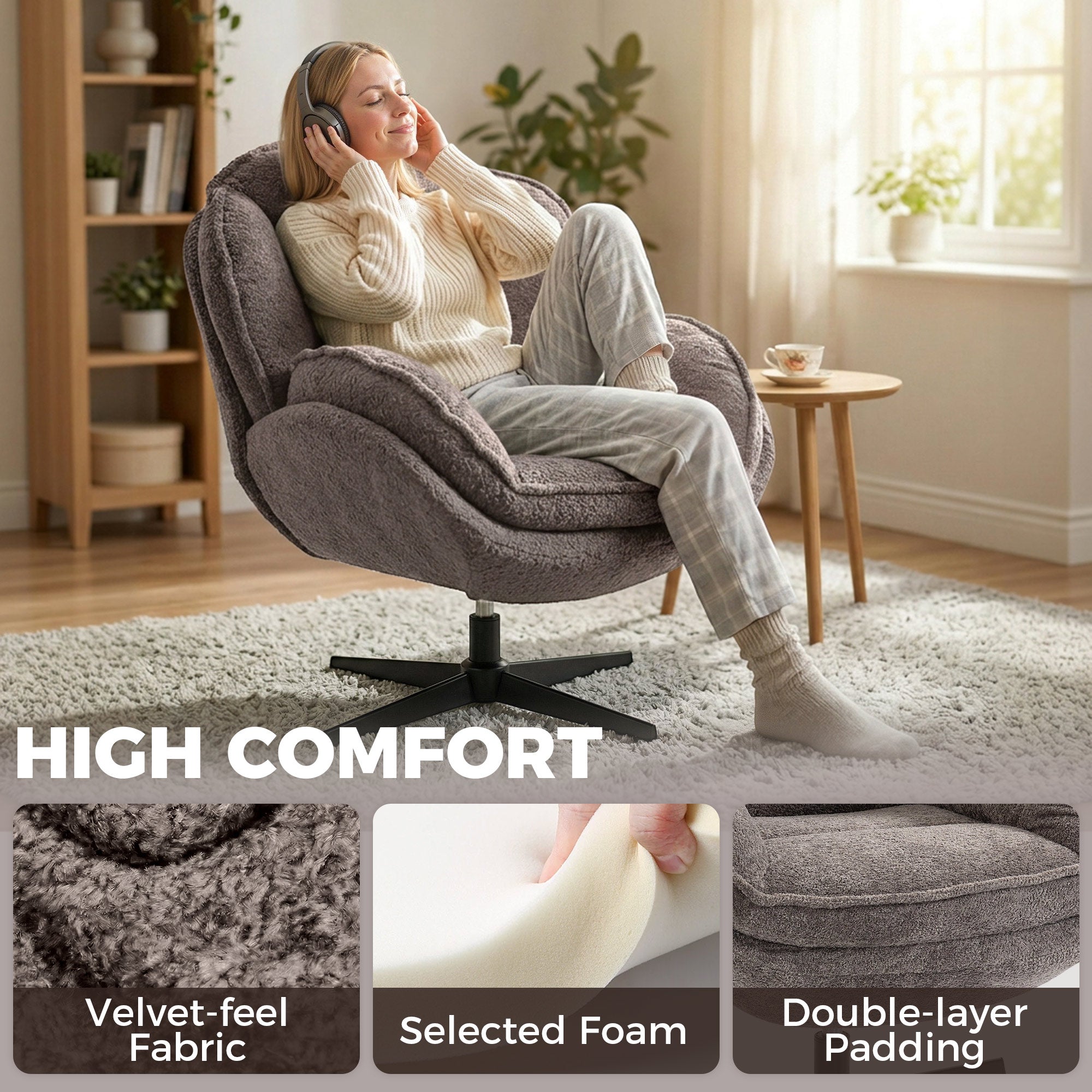 Modern Wingback Accent Chair, Velvet Armchair with 360° Swivel, Four-Star Base, S-Springs, Bedroom Chair for Living Room, Bedroom, Study, Grey