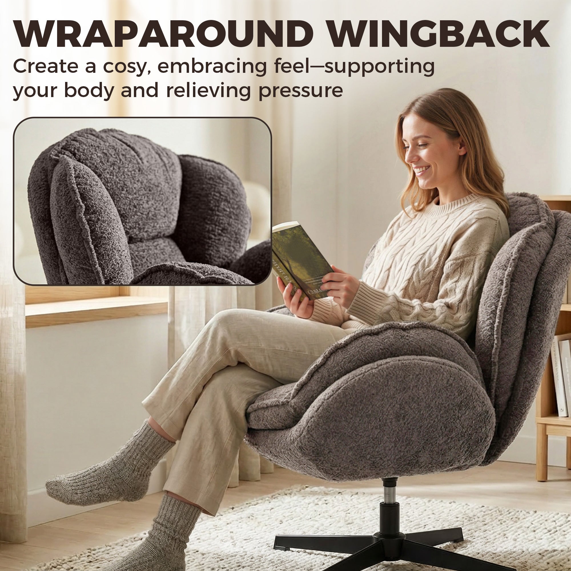 Modern Wingback Accent Chair, Velvet Armchair with 360° Swivel, Four-Star Base, S-Springs, Bedroom Chair for Living Room, Bedroom, Study, Grey