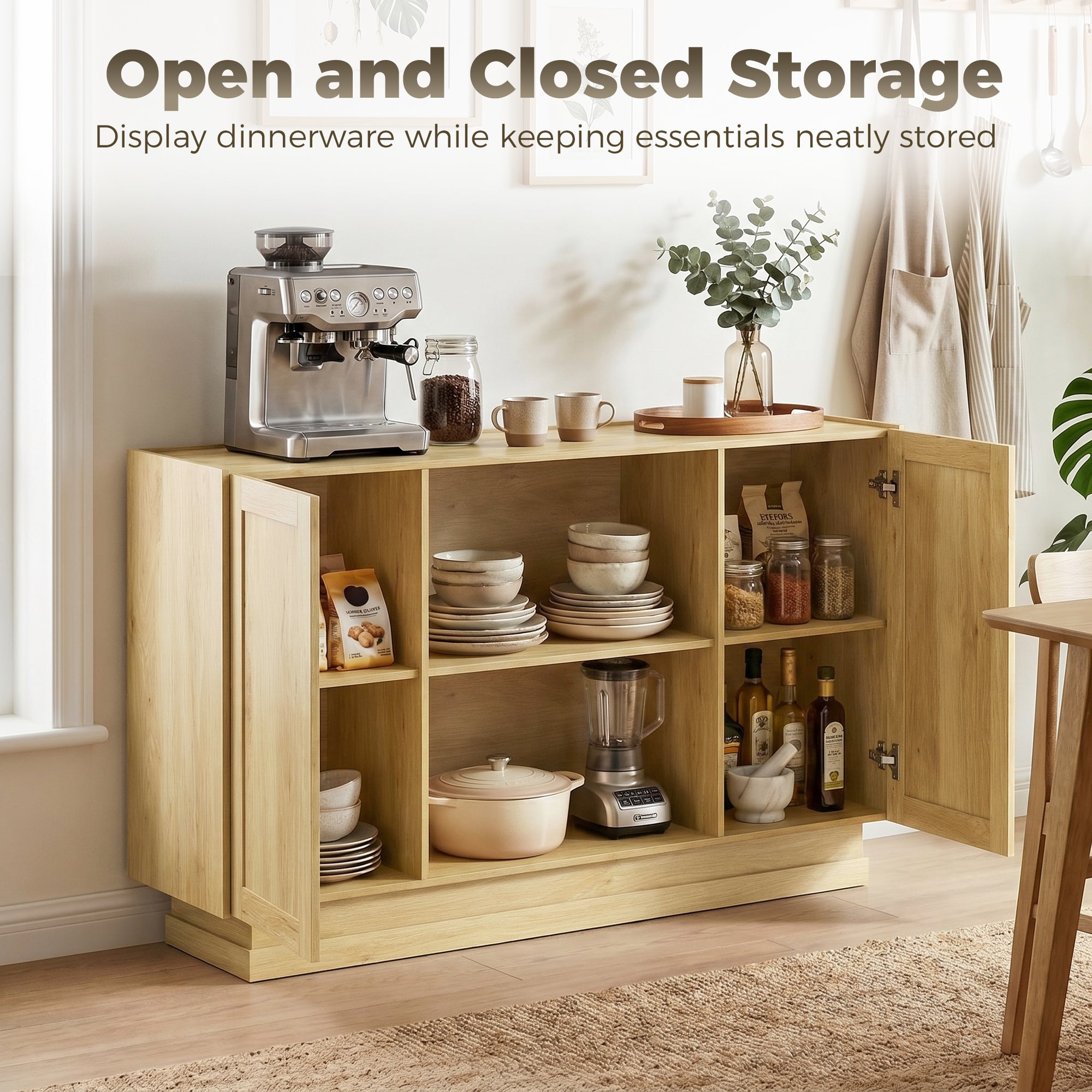 Sideboard Buffet Cabinet, 133 cm Modern Farmhouse Storage Cabinet with 2 Open Shelves, 2 Cupboards and Soft Close Doors for Dining Room, Living Room, Natural Wood Finish