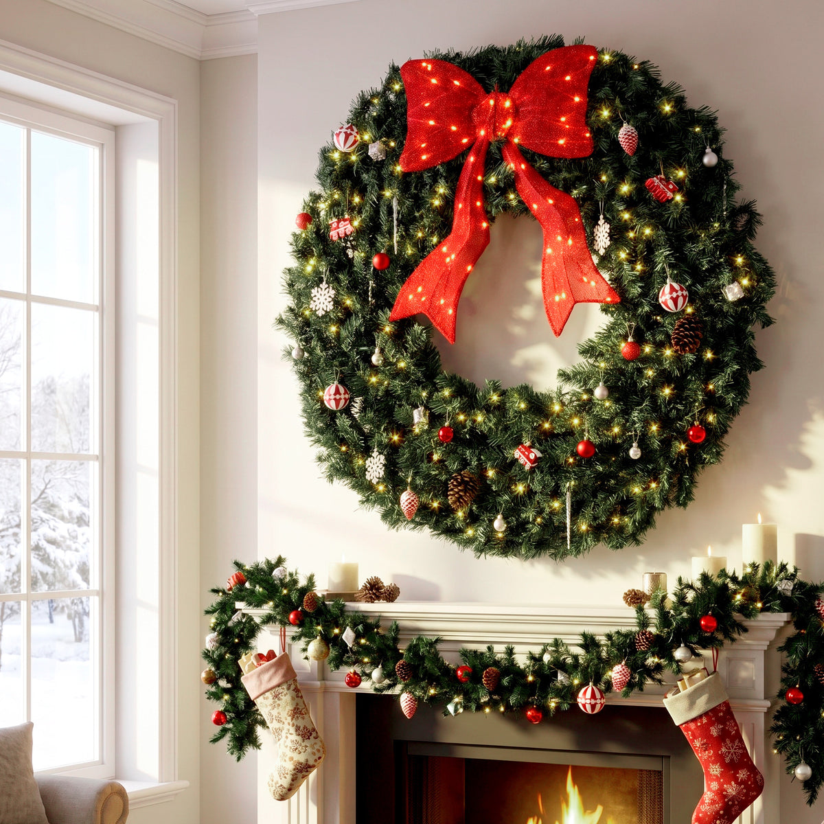48 Inch Pre-Lit Christmas Wreath for Front Door with 200 LED Lights, Lighted Bow and 31 Ornament Set, Artificial Xmas Wreath for Covered Porch, Wall Decoration, Green
