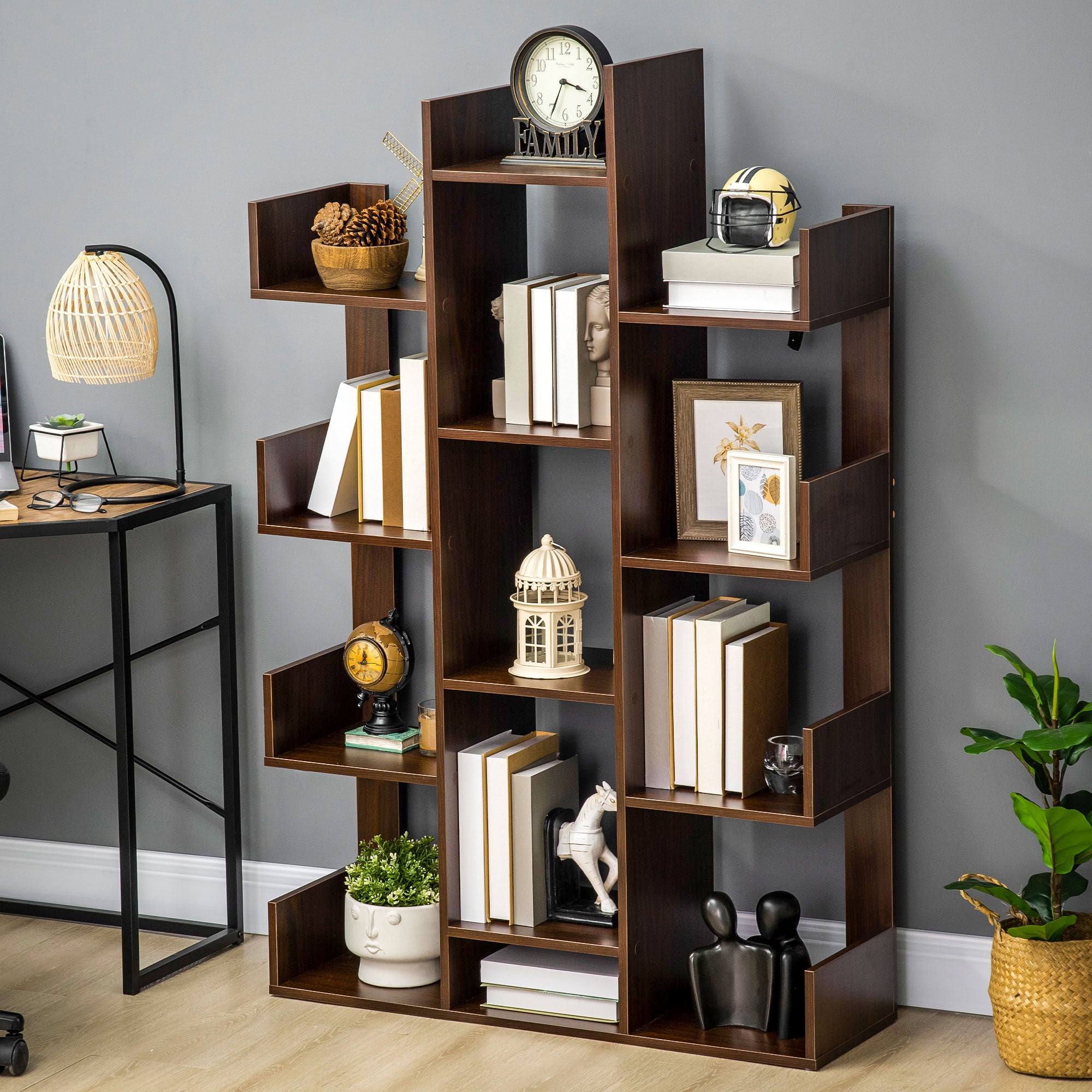 Tree Bookshelf Modern Freestanding Bookcase with 13 Open Shelves Display Unit for Living Room