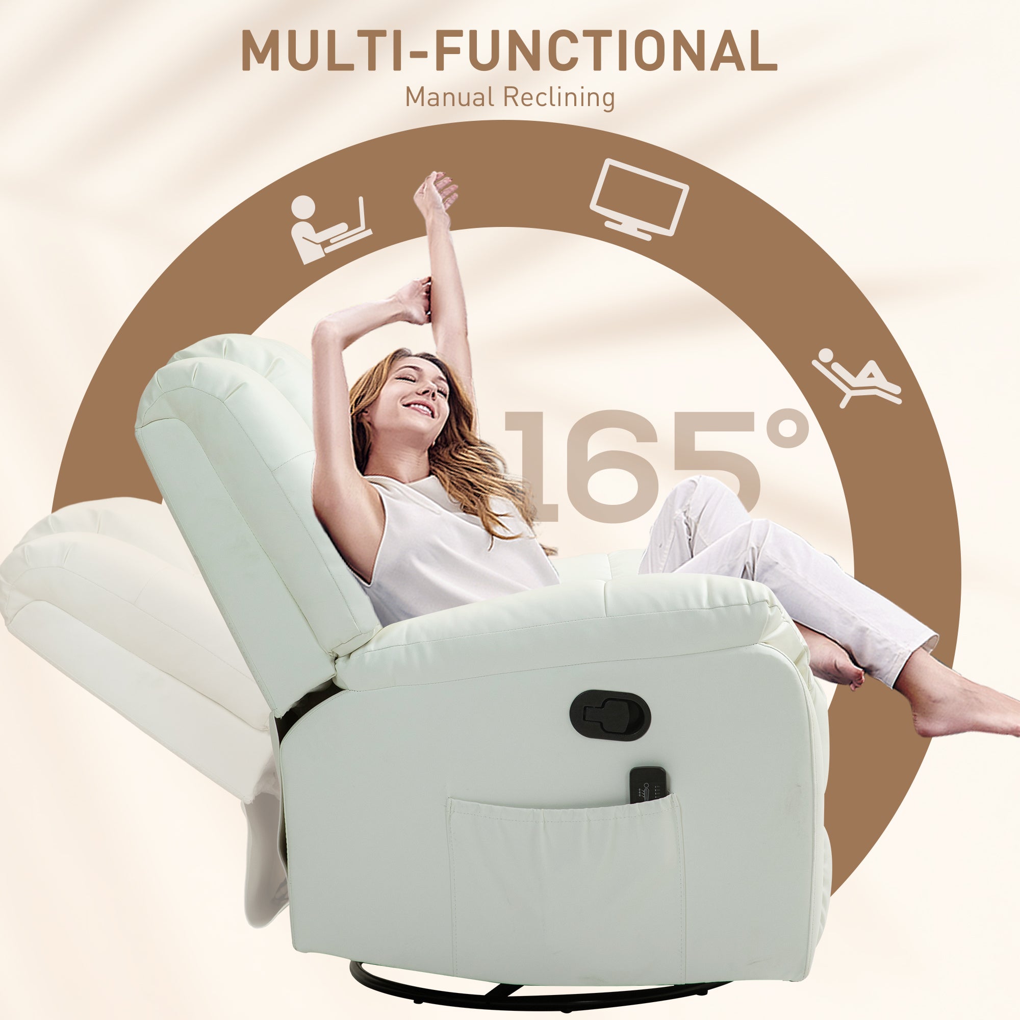 HOMCOM 8-Point Vibration Massage Recliner Chair for Living Room, PU Leather Manual Reclining Chair, Swivel Recliner with Remote Control, Rocking Function, Cream White