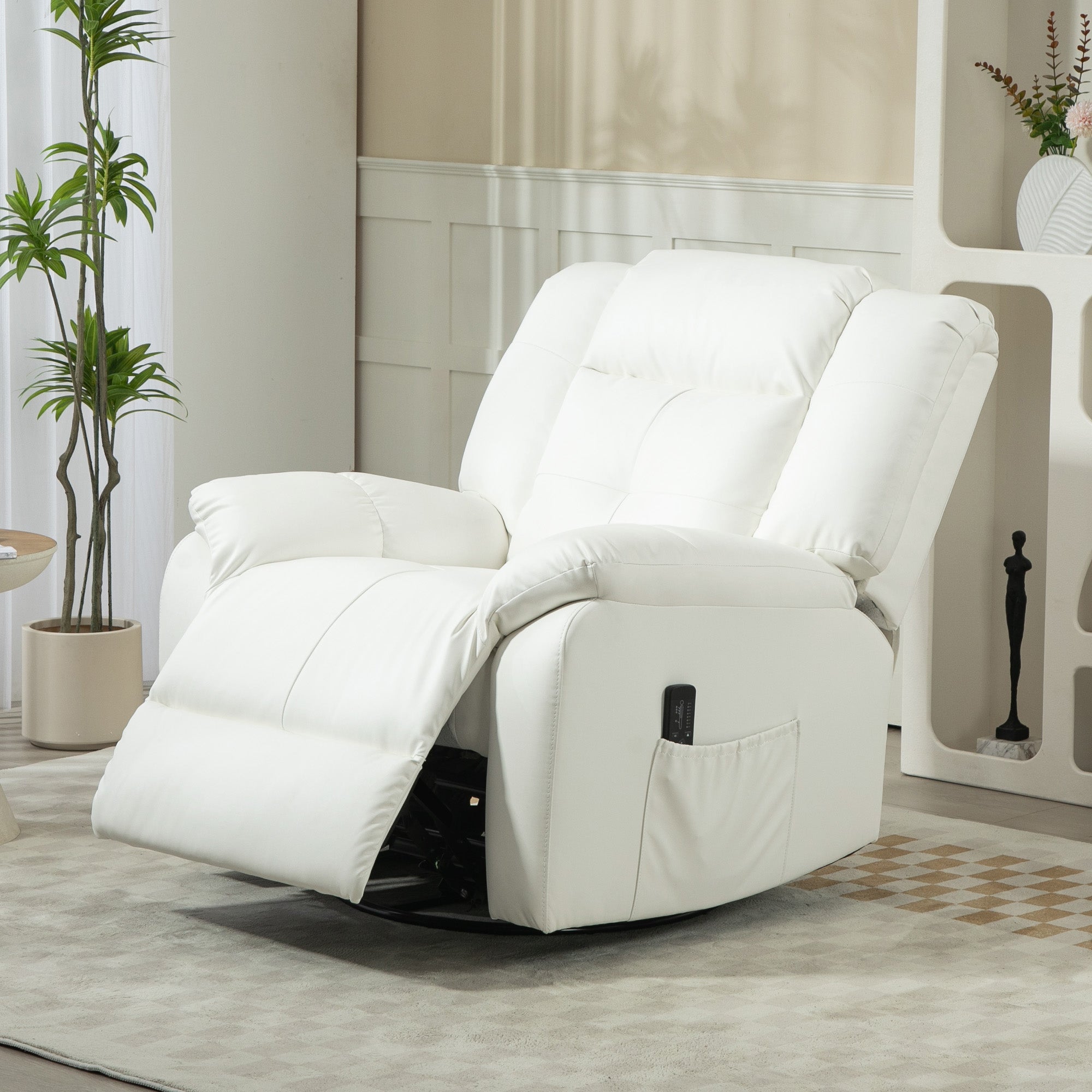 HOMCOM 8-Point Vibration Massage Recliner Chair for Living Room, PU Leather Manual Reclining Chair, Swivel Recliner with Remote Control, Rocking Function, Cream White