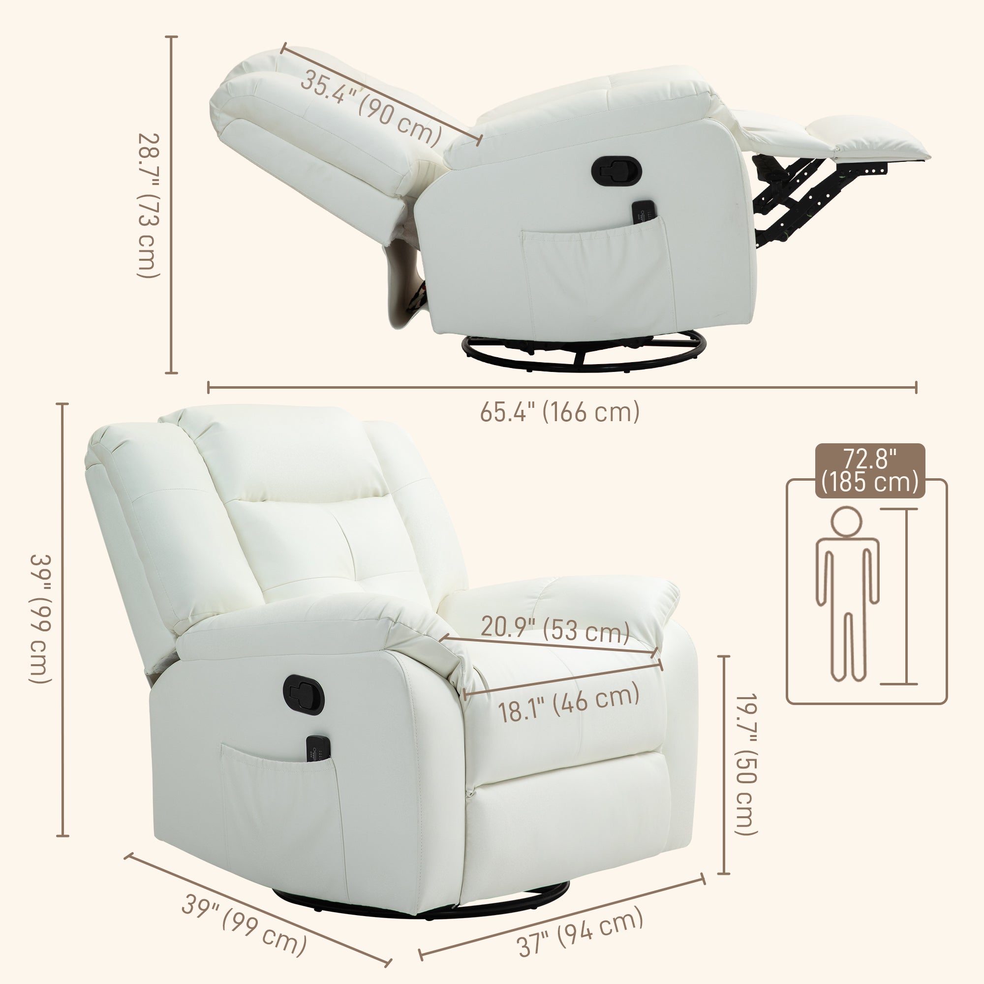 HOMCOM 8-Point Vibration Massage Recliner Chair for Living Room, PU Leather Manual Reclining Chair, Swivel Recliner with Remote Control, Rocking Function, Cream White