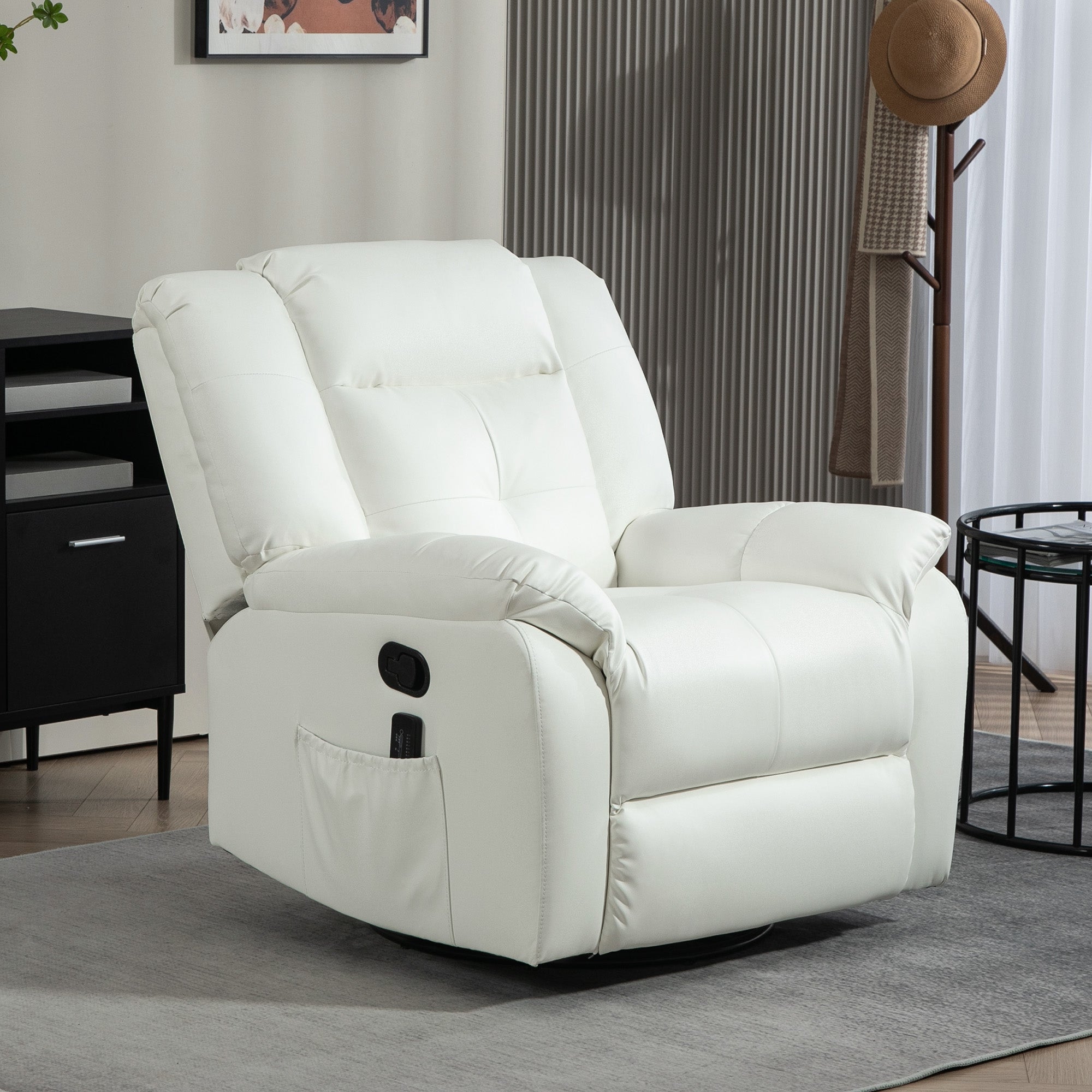 HOMCOM 8-Point Vibration Massage Recliner Chair for Living Room, PU Leather Manual Reclining Chair, Swivel Recliner with Remote Control, Rocking Function, Cream White