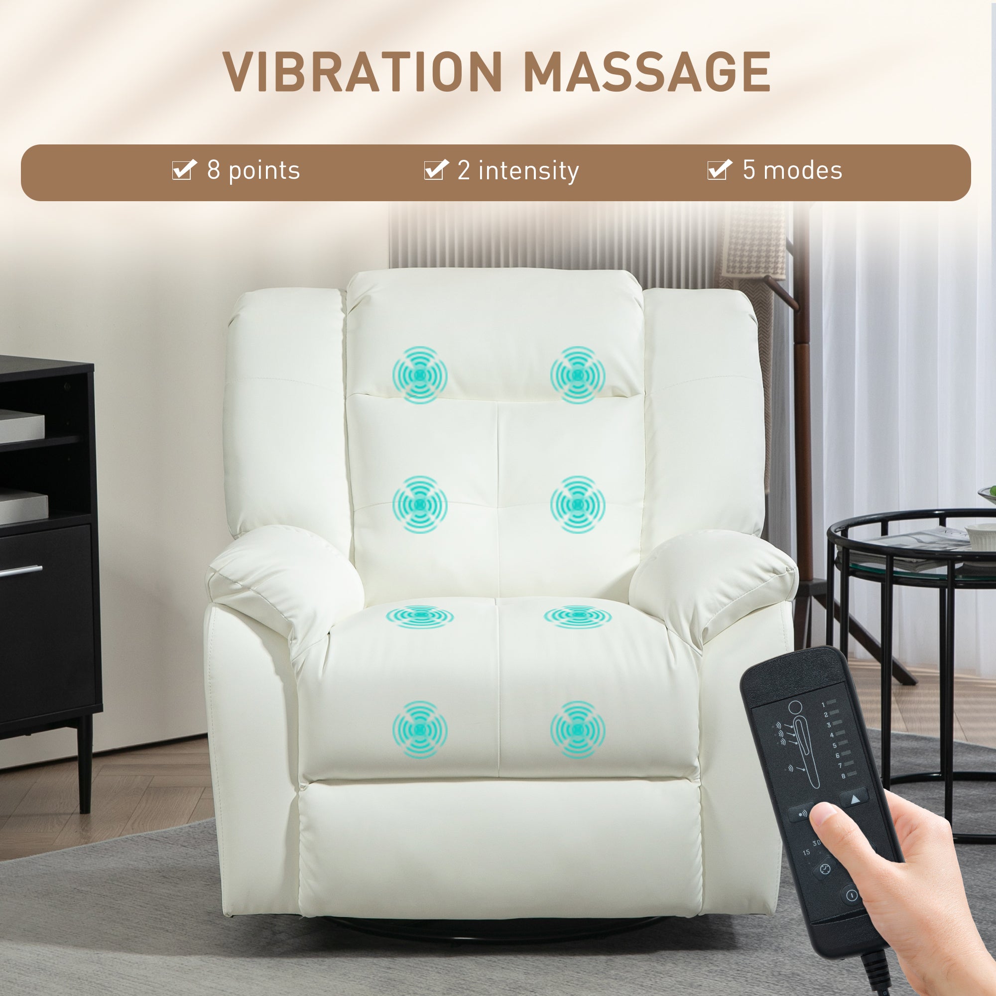 HOMCOM 8-Point Vibration Massage Recliner Chair for Living Room, PU Leather Manual Reclining Chair, Swivel Recliner with Remote Control, Rocking Function, Cream White