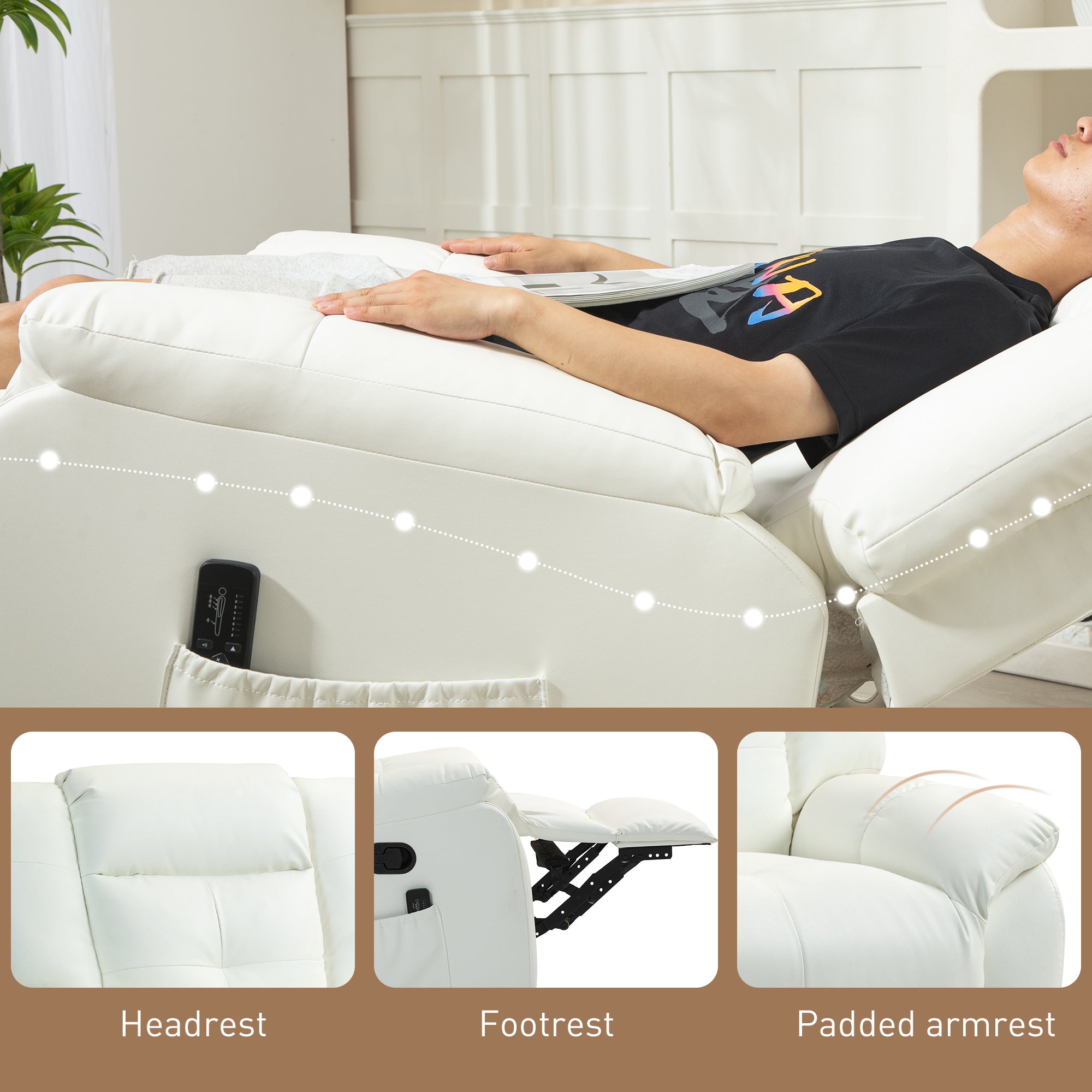 HOMCOM 8-Point Vibration Massage Recliner Chair for Living Room, PU Leather Manual Reclining Chair, Swivel Recliner with Remote Control, Rocking Function, Cream White