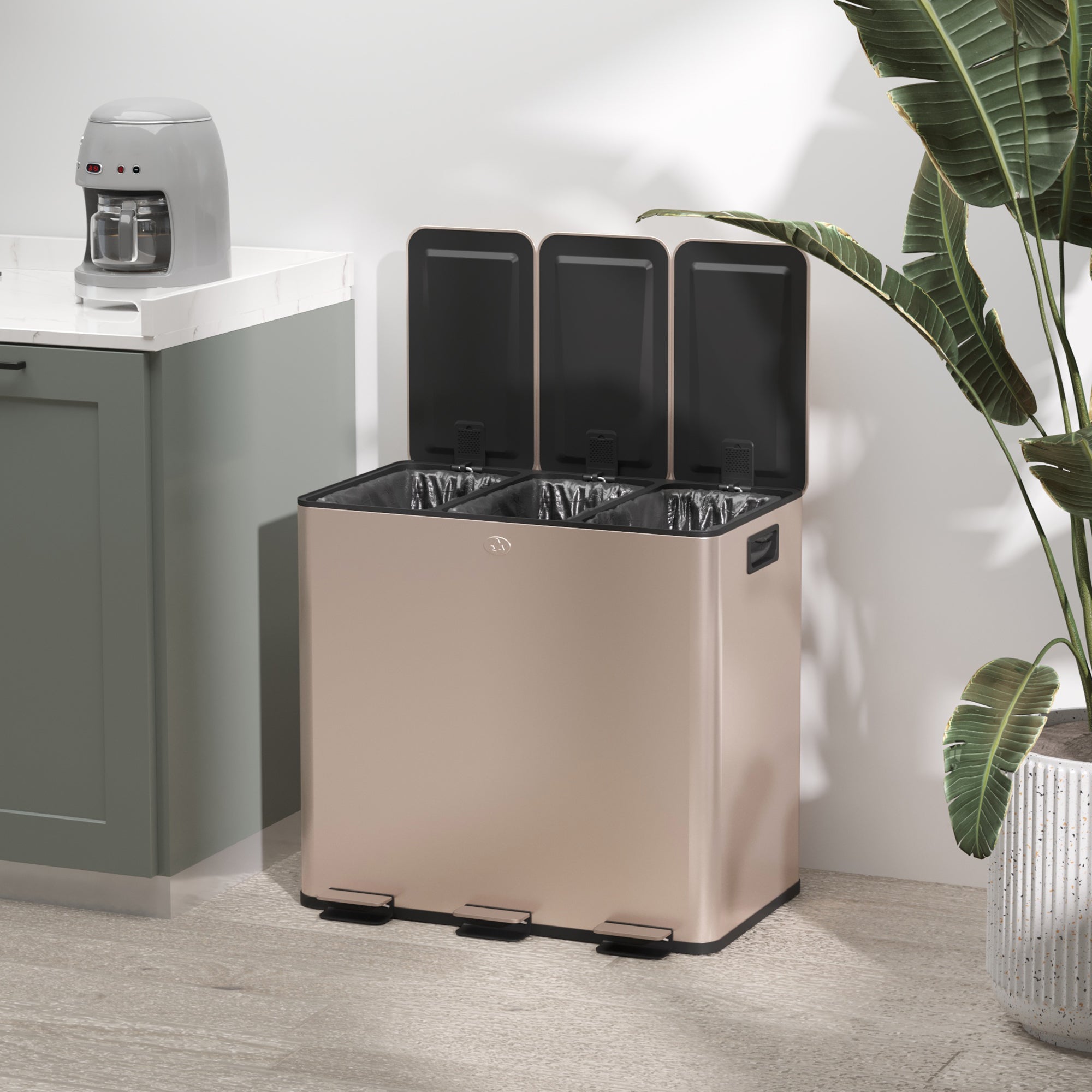 HOMCOM 45L Kitchen Bin, Stainless Steel Pedal Bin with 3 Compartments, Soft Close Lid, Removable Inner Buckets, Fingerprint-Proof for Recycling and Waste, 3 x 15L, Gold Tone