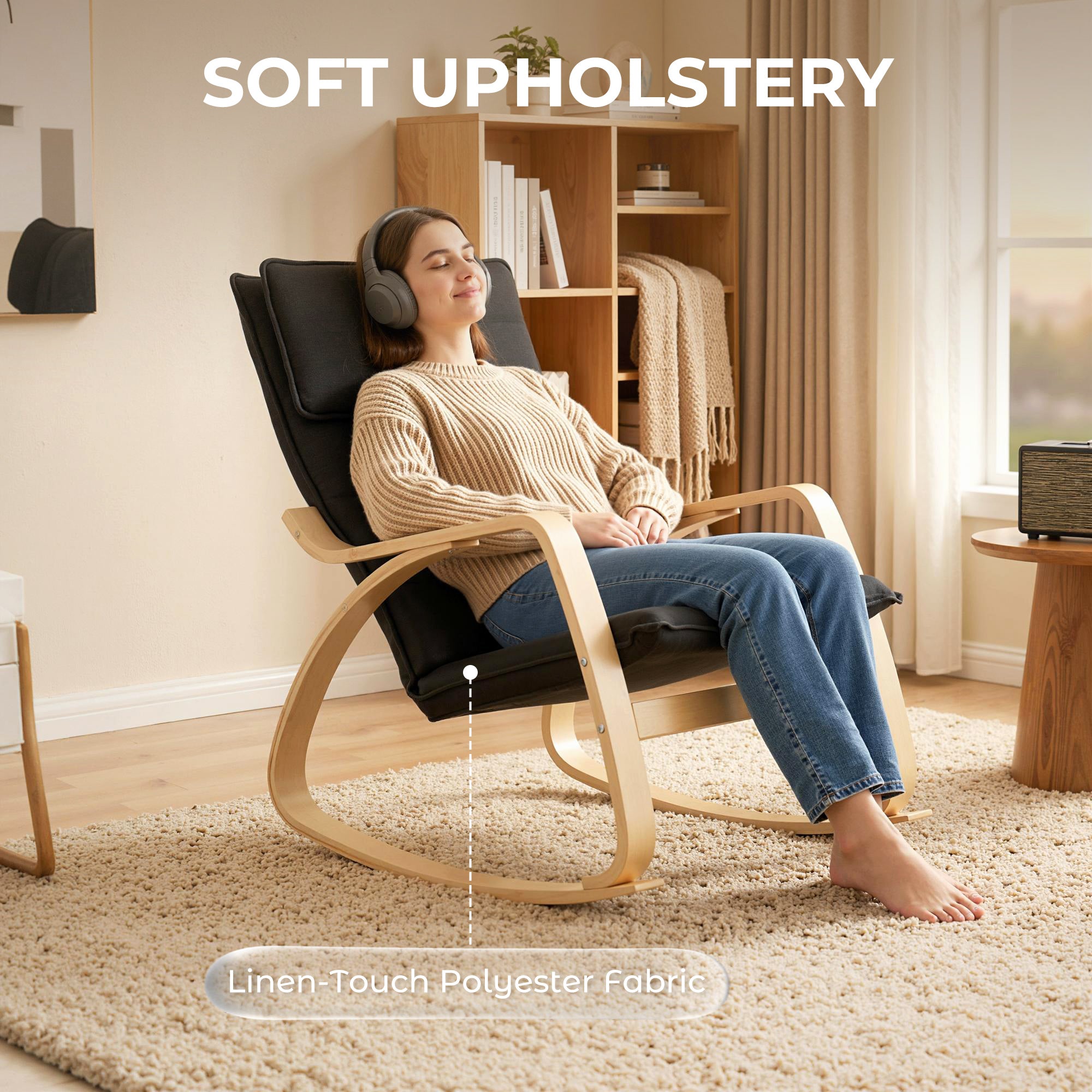 Comfortable Relax Rocking Chair, Upholstered Lounge Chair with High Back and Headrest for Living Room, Bedroom, Black