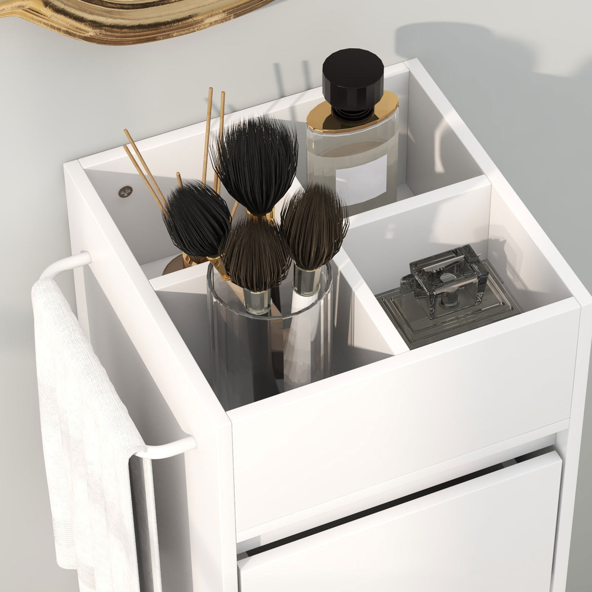 Slim Bathroom Cabinet, Bathroom Storage Cabinet with 4 Top Compartments, 3 Drawers & Towel Rack for Narrow Spaces, White