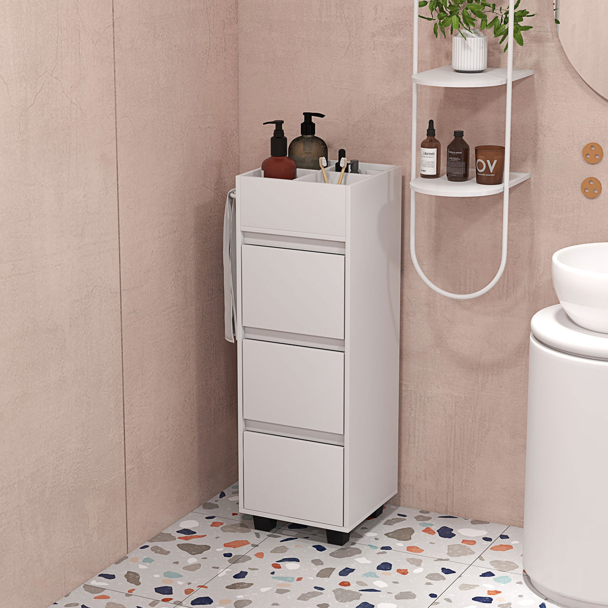 Slim Bathroom Cabinet, Bathroom Storage Cabinet with 4 Top Compartments, 3 Drawers & Towel Rack for Narrow Spaces, White