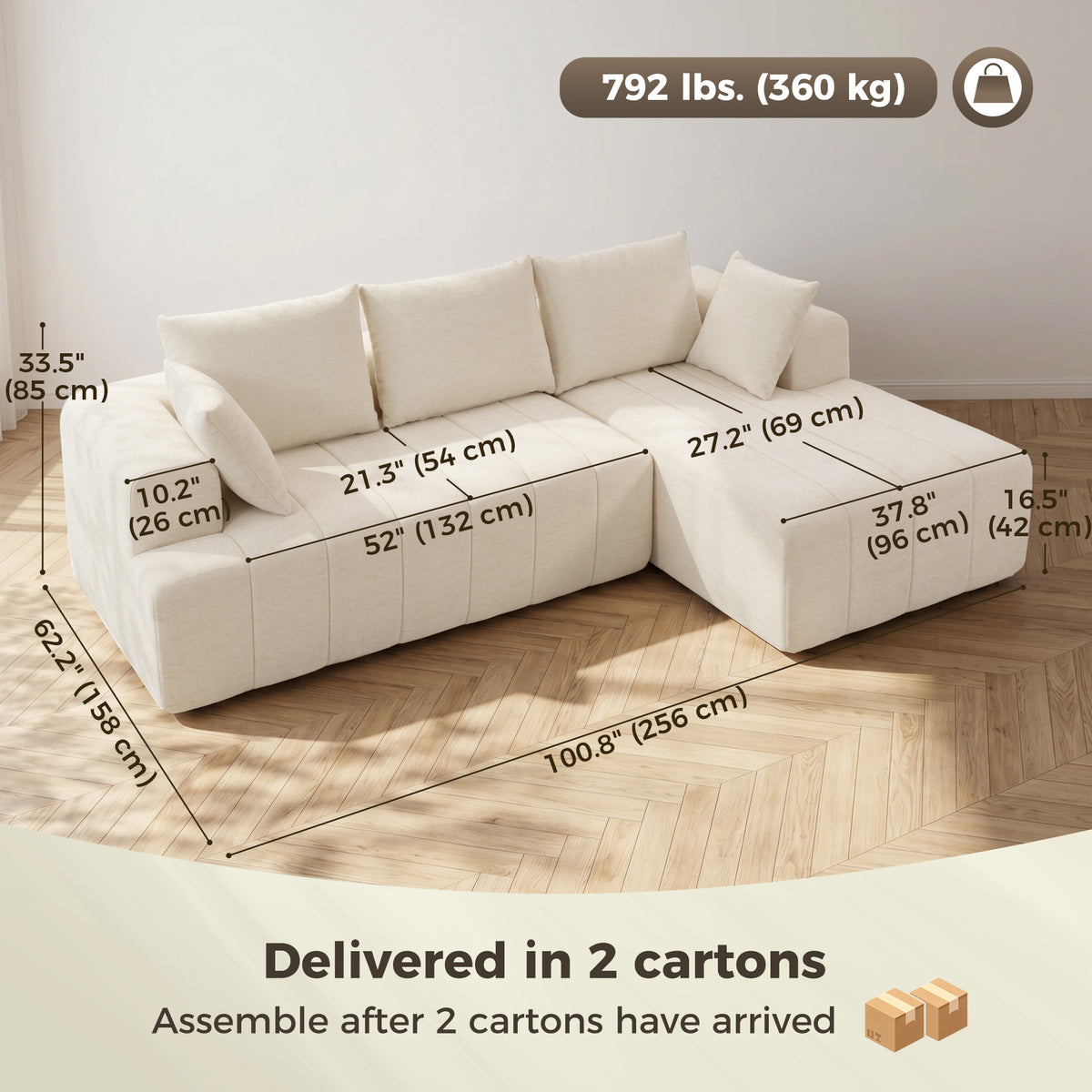 101" Modular Sectional Sofa with Chaise, Chenille Boneless Cloud Sofa Bed, 3 Seater L-Shaped Couch with Spring Cushion, Wide and Deep Seat, Wide Arms, No Assembly, Beige