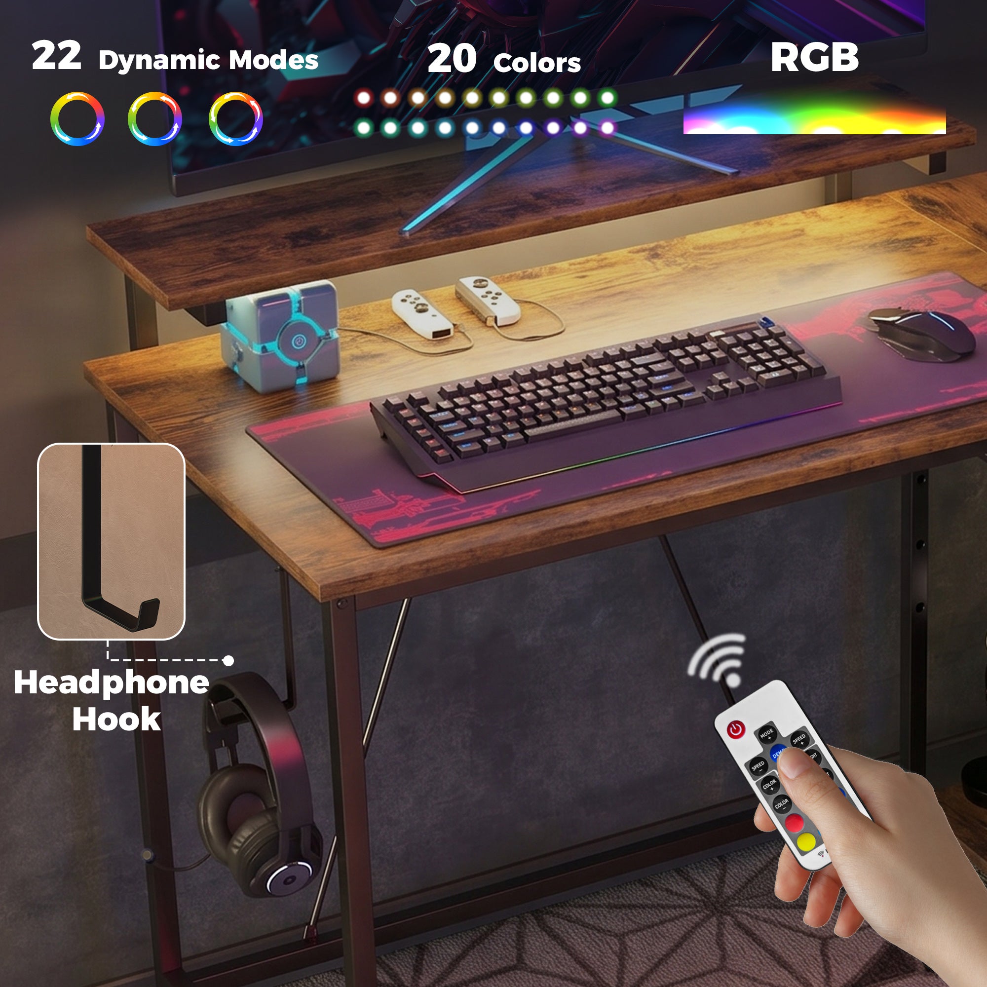 L Shaped Gaming Desk with LED Lights, Power Outlet, USB Charging Ports, 107cm Reversible Corner Computer Desk with Storage Shelves, Monitor Stand for Home Office, Small Space, Rustic Brown