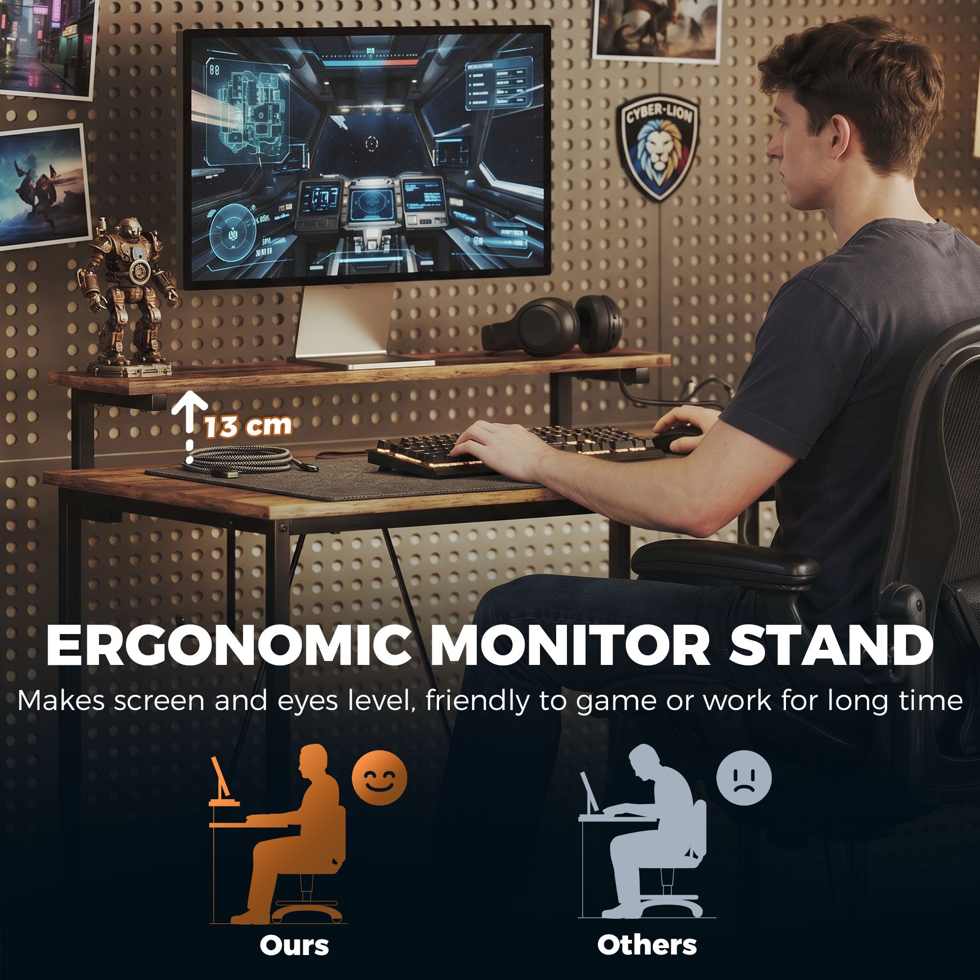 L Shaped Gaming Desk with LED Lights, Power Outlet, USB Charging Ports, 107cm Reversible Corner Computer Desk with Storage Shelves, Monitor Stand for Home Office, Small Space, Rustic Brown