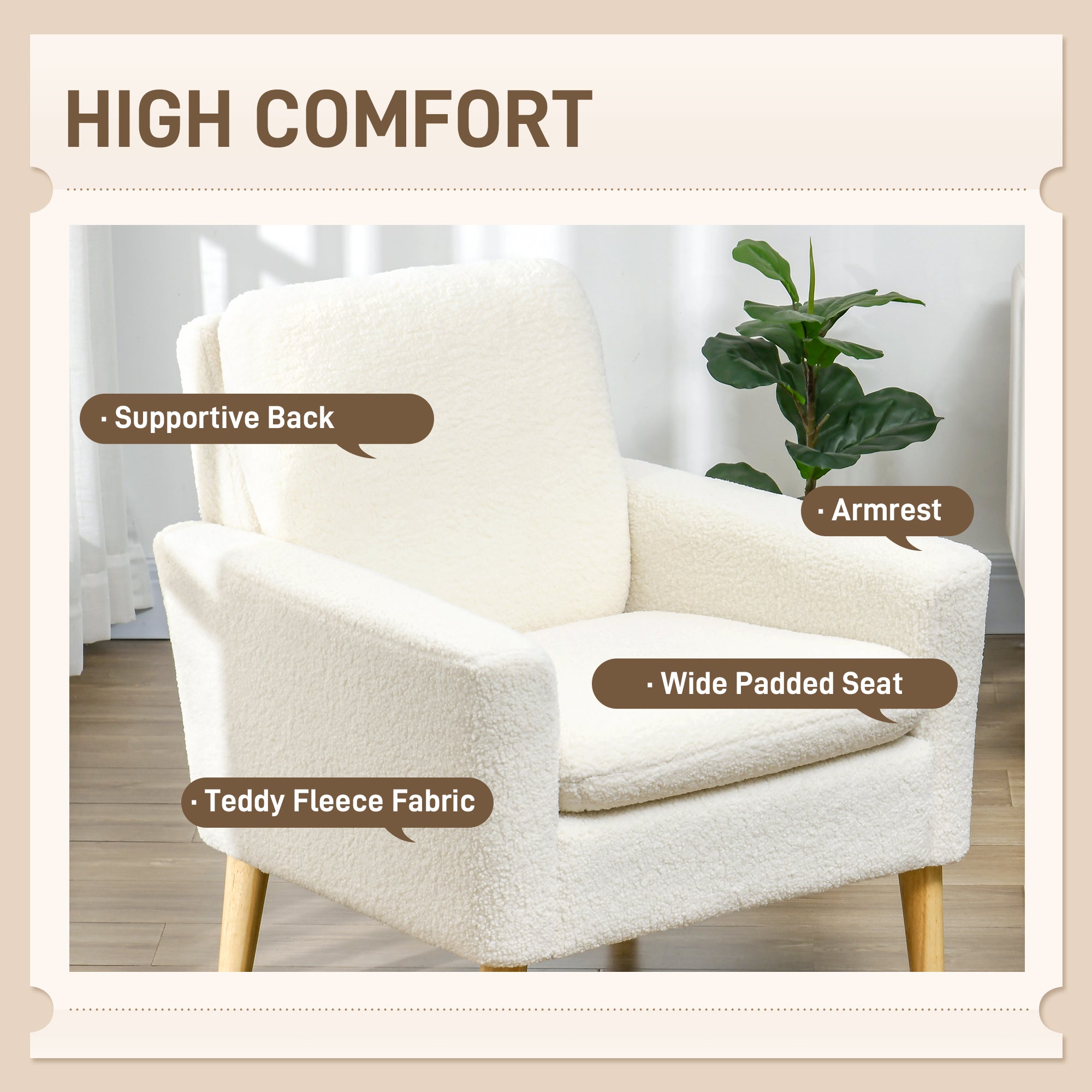 HOMCOM Teddy Fabric Accent Chair, Upholstered Armchair, Mid-Century Modern Living Room Chair with Wood Legs and Wide Padded Seat, Cream White