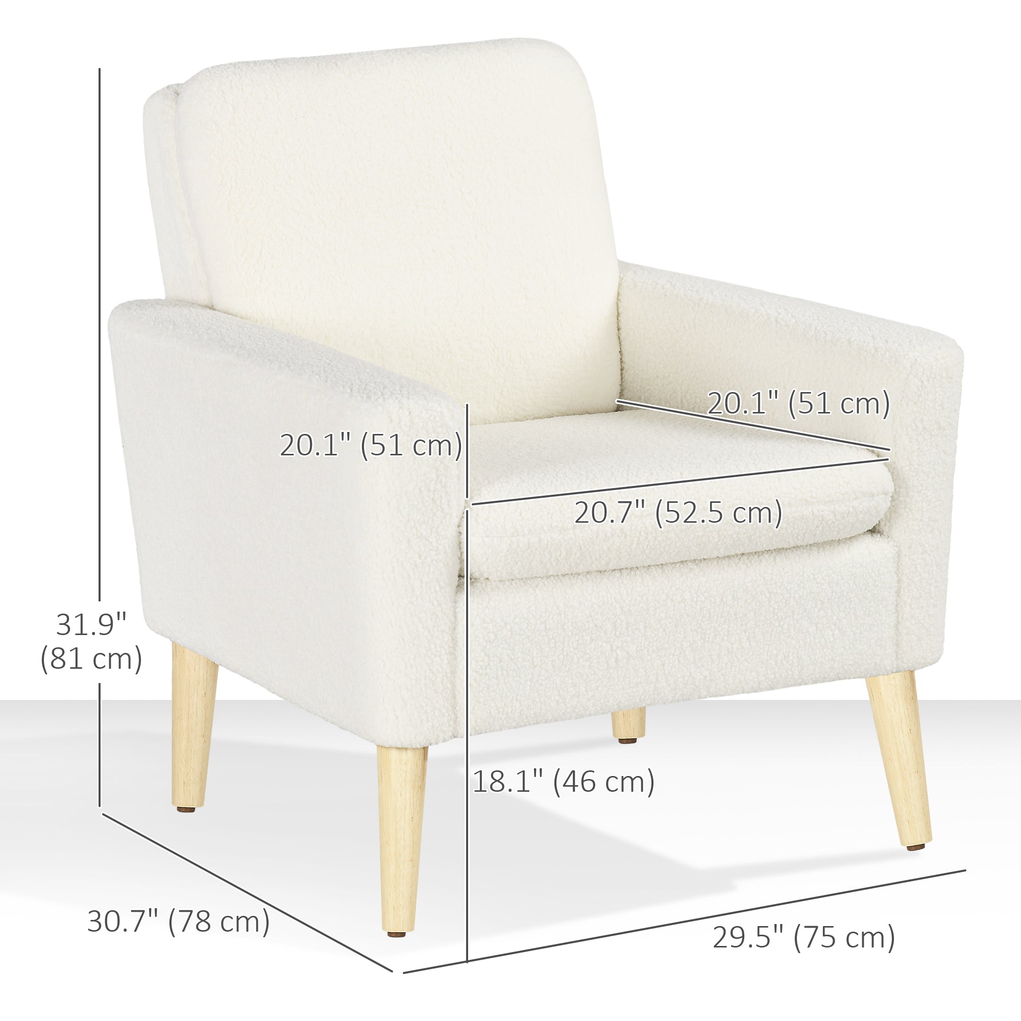 HOMCOM Teddy Fabric Accent Chair, Upholstered Armchair, Mid-Century Modern Living Room Chair with Wood Legs and Wide Padded Seat, Cream White